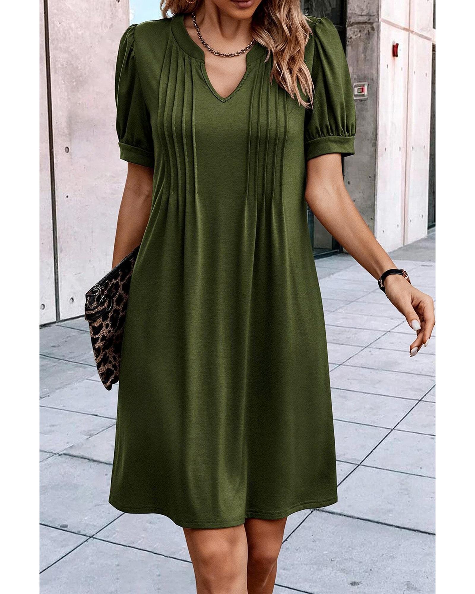 Fern Green Notched Neck Pleated Puff Sleeve Shift T-shirt Dress - S 3