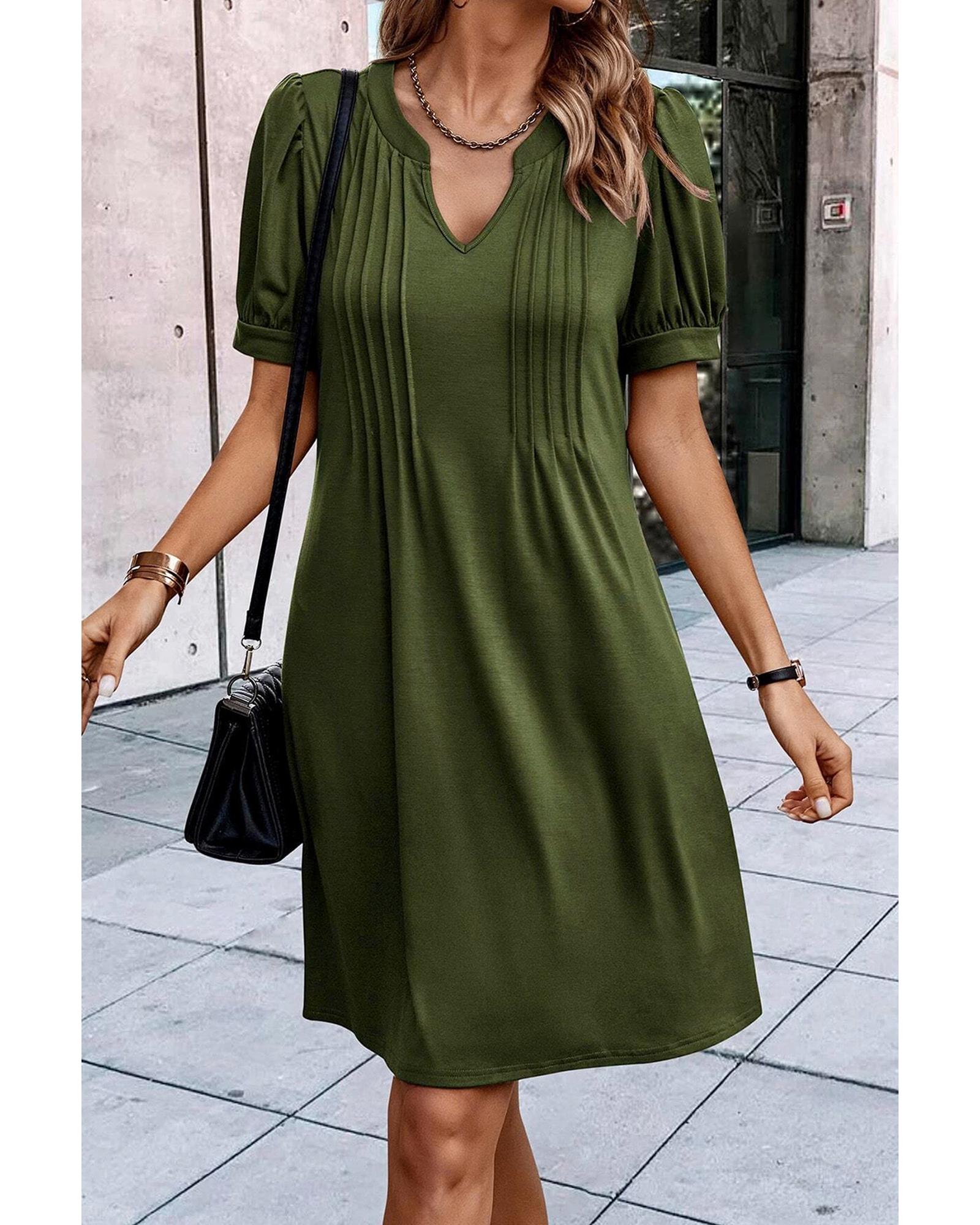 Fern Green Notched Neck Pleated Puff Sleeve Shift T-shirt Dress - S 5