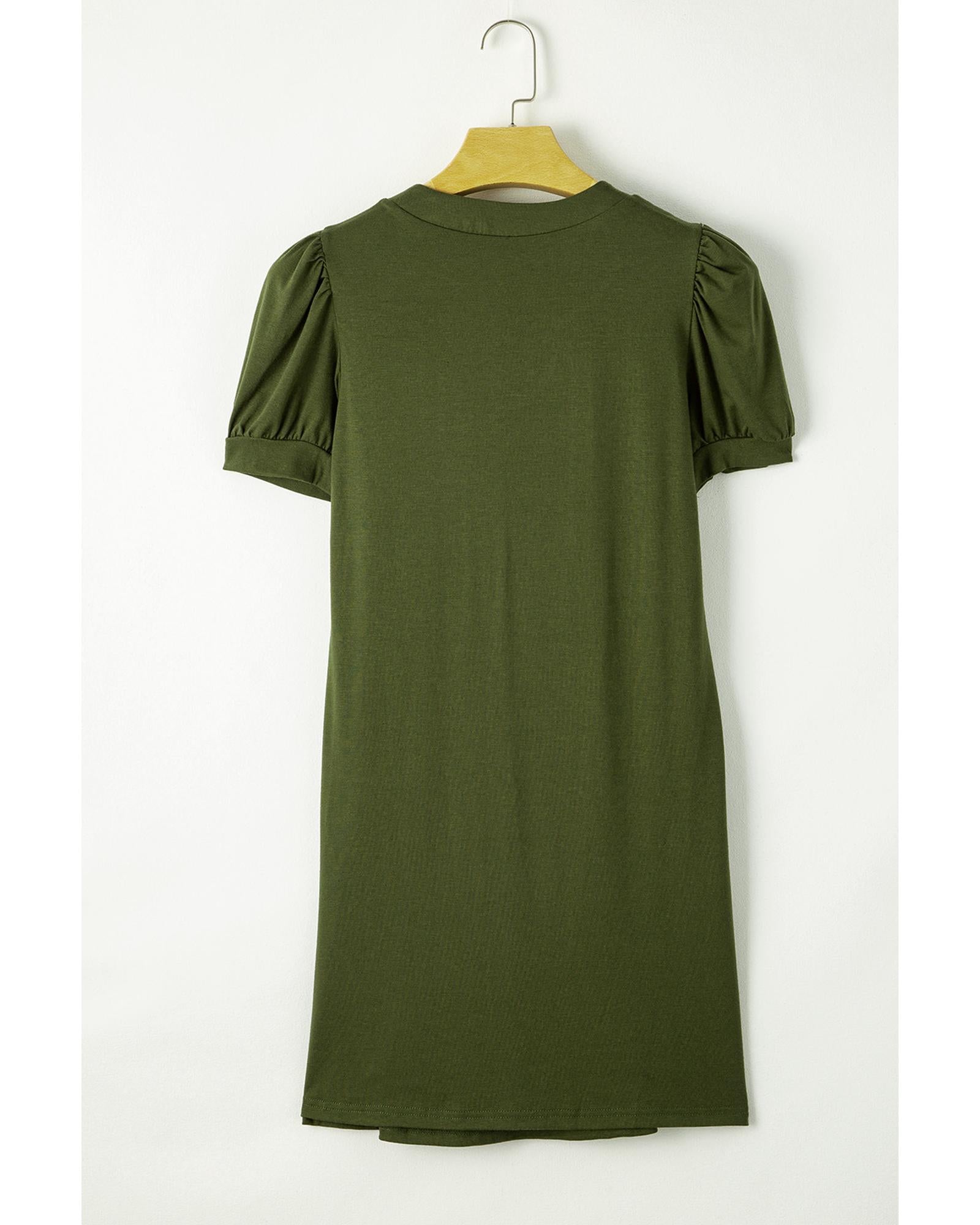 Fern Green Notched Neck Pleated Puff Sleeve Shift T-shirt Dress - S 7