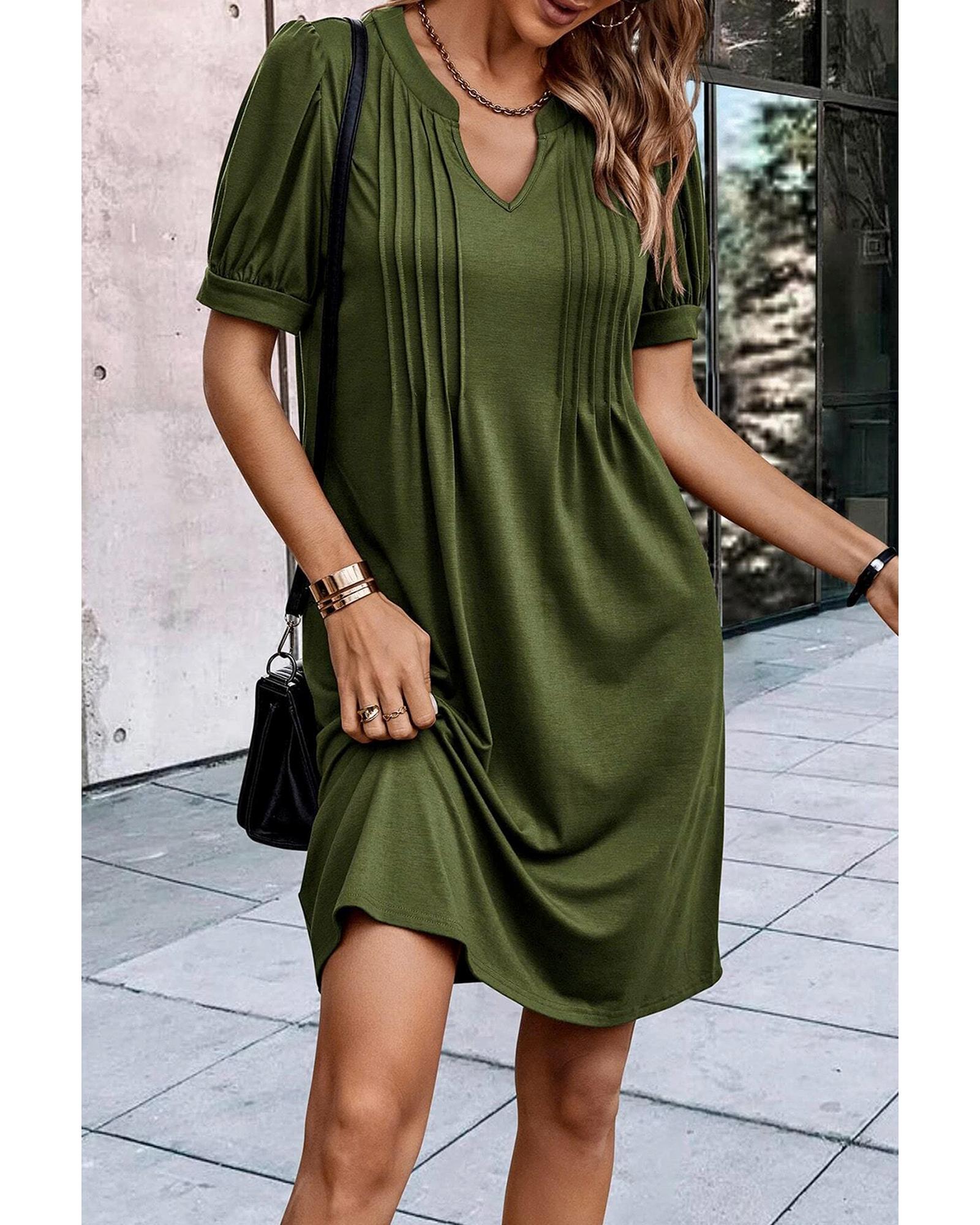 Fern Green Notched Neck Pleated Puff Sleeve Shift T-shirt Dress - S 8
