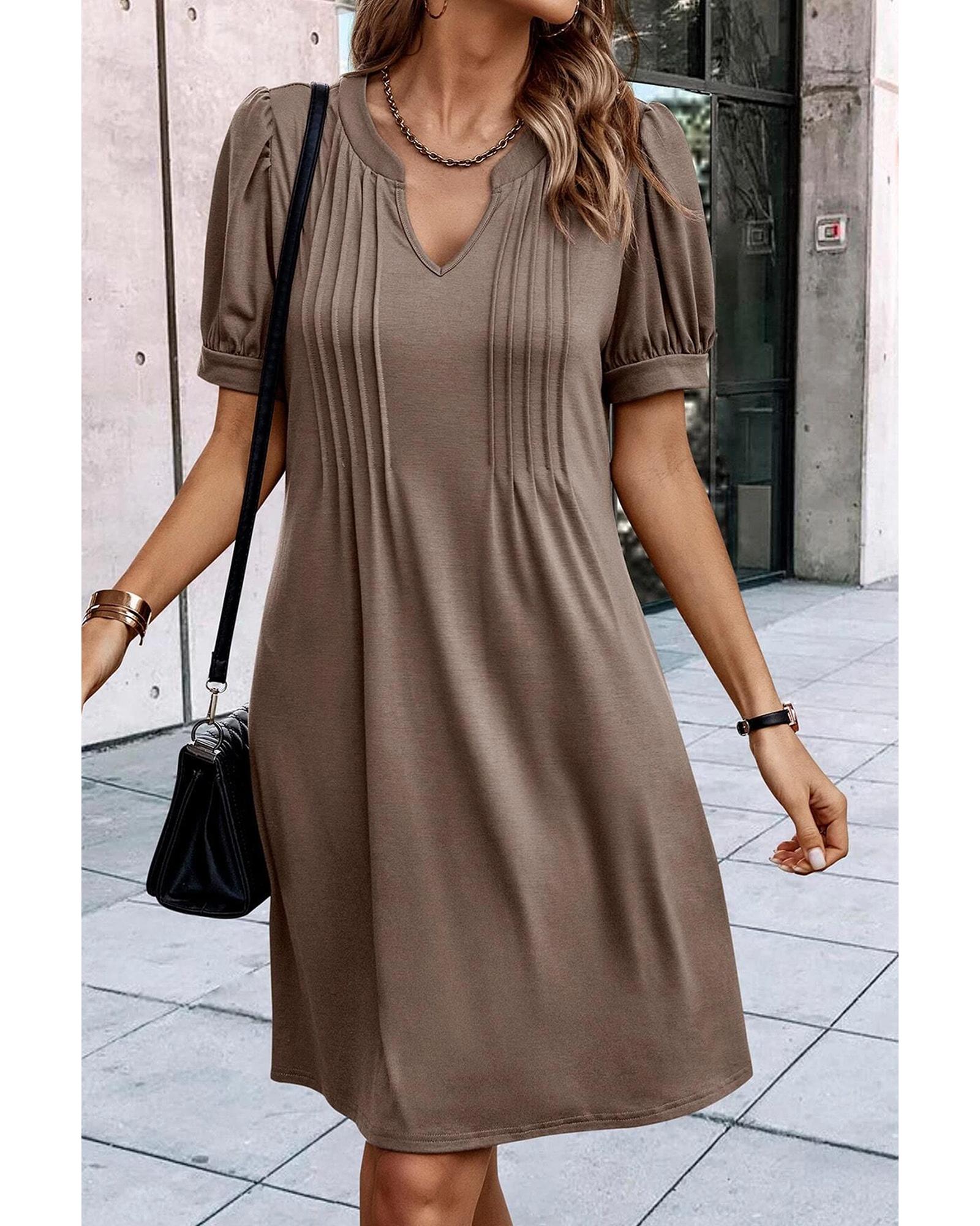 Desert Palm Notched Neck Pleated Puff Sleeve Shift T-shirt Dress - S 3