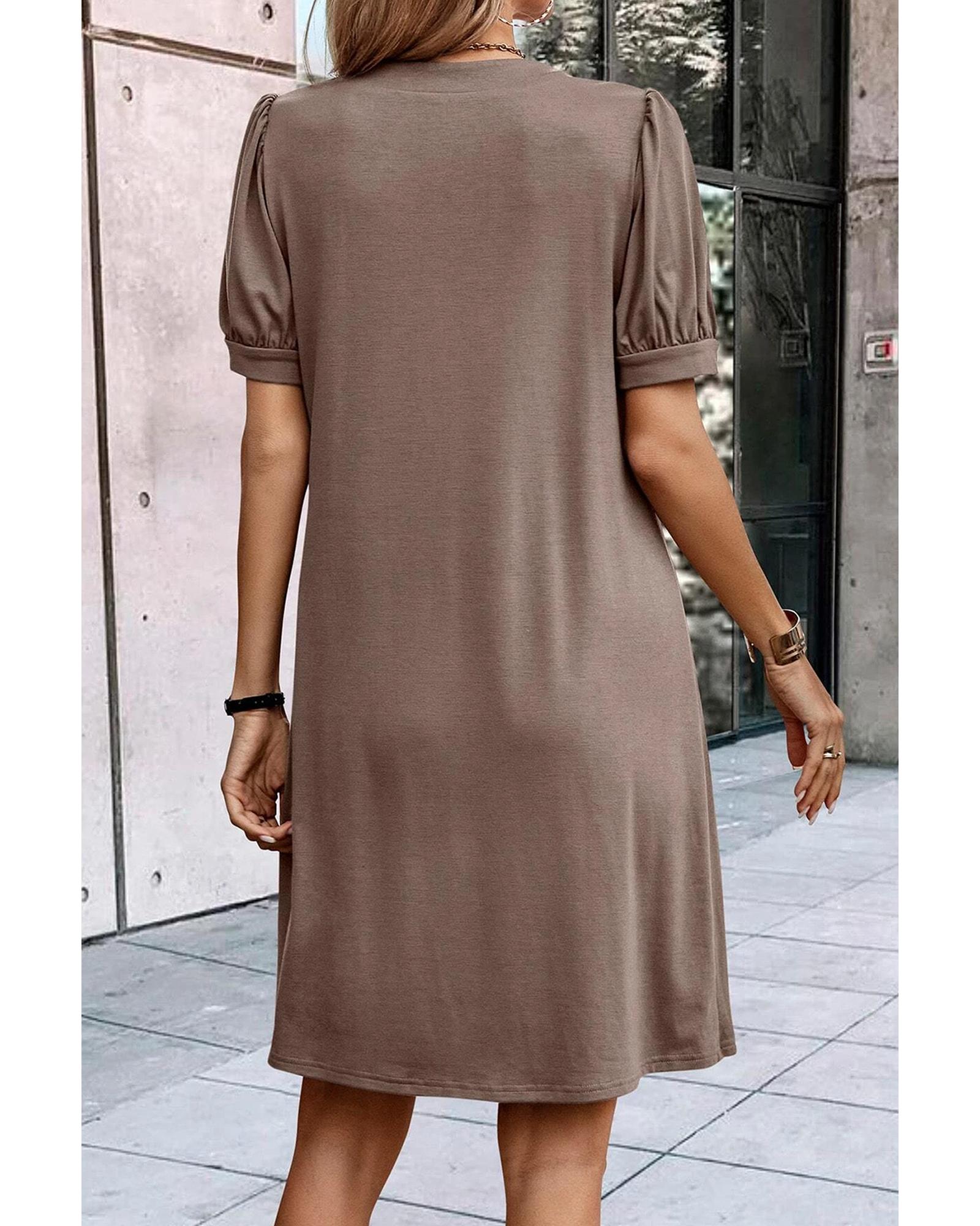 Desert Palm Notched Neck Pleated Puff Sleeve Shift T-shirt Dress - S 4