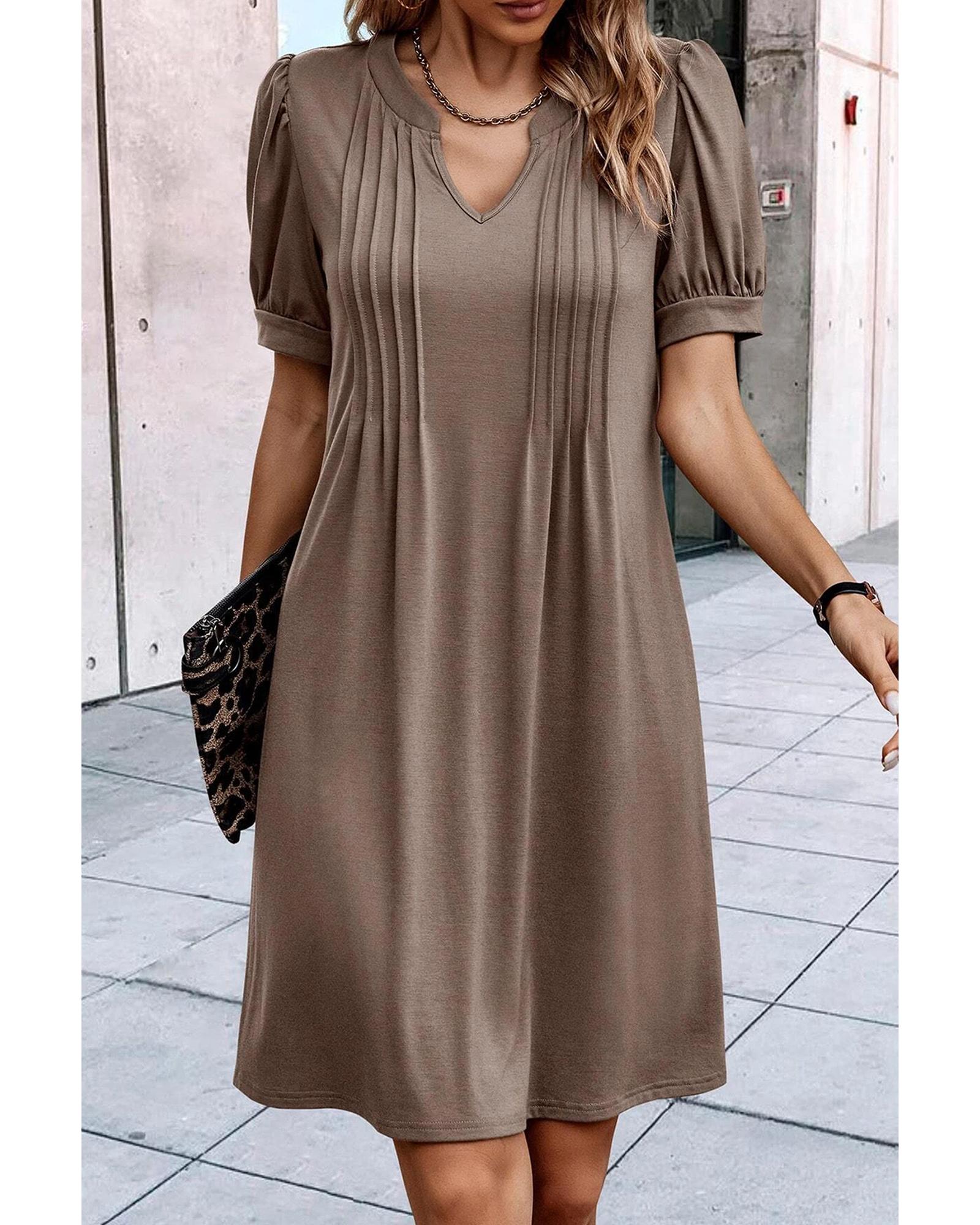 Desert Palm Notched Neck Pleated Puff Sleeve Shift T-shirt Dress - S 5