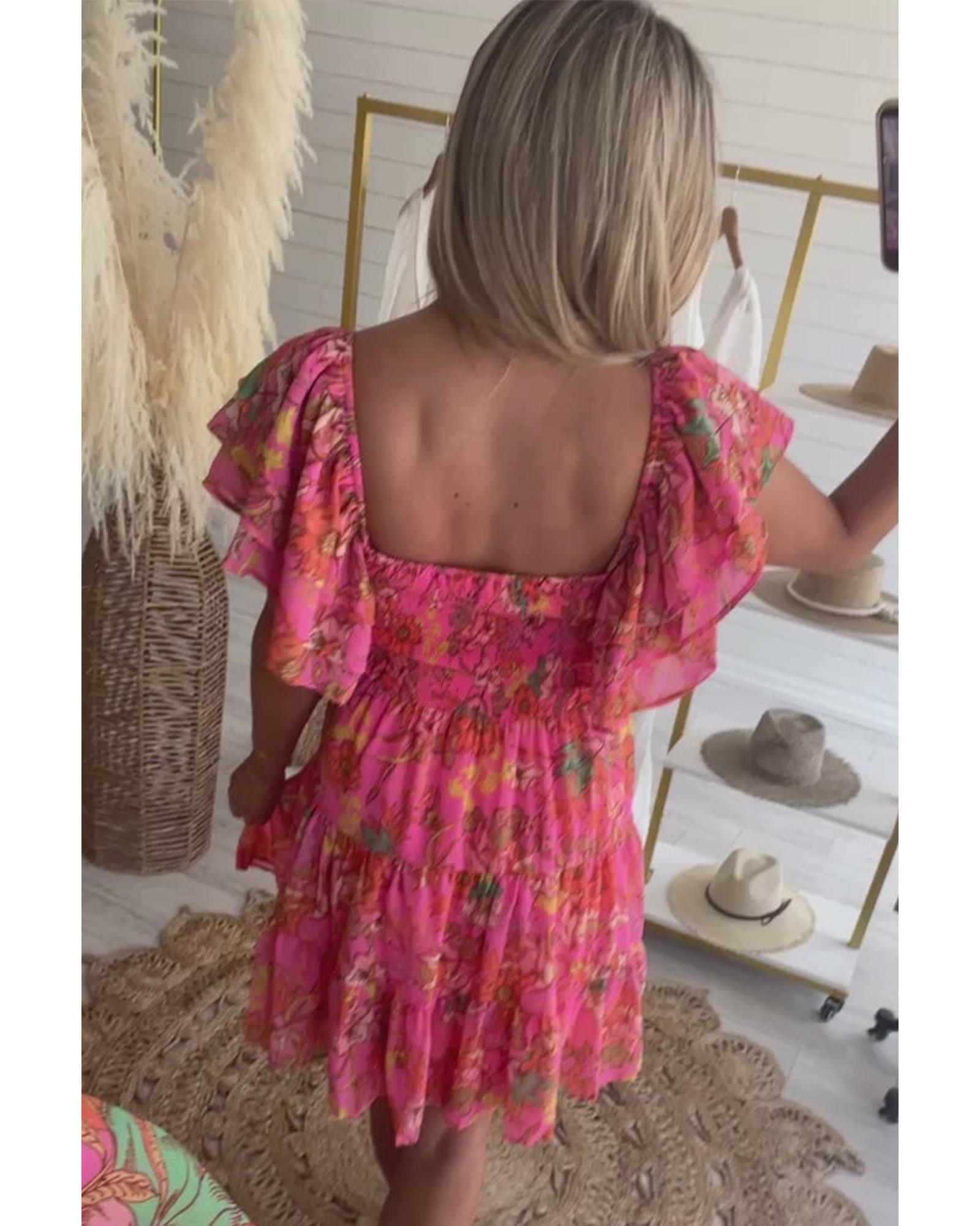 Pink Floral Square Neck Ruffle Sleeve Tiered Dress - L