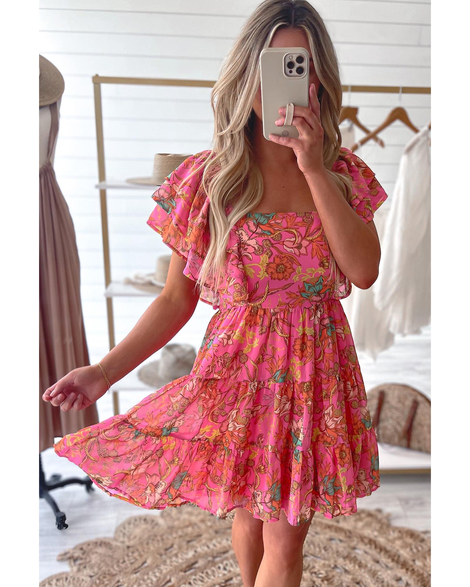 Pink Floral Square Neck Ruffle Sleeve Tiered Dress - L 5