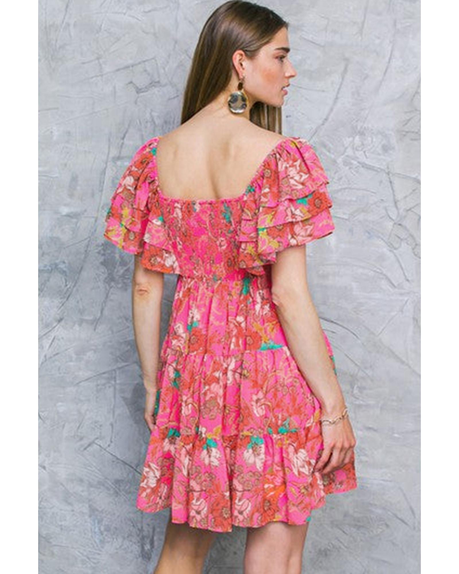 Pink Floral Square Neck Ruffle Sleeve Tiered Dress - XL