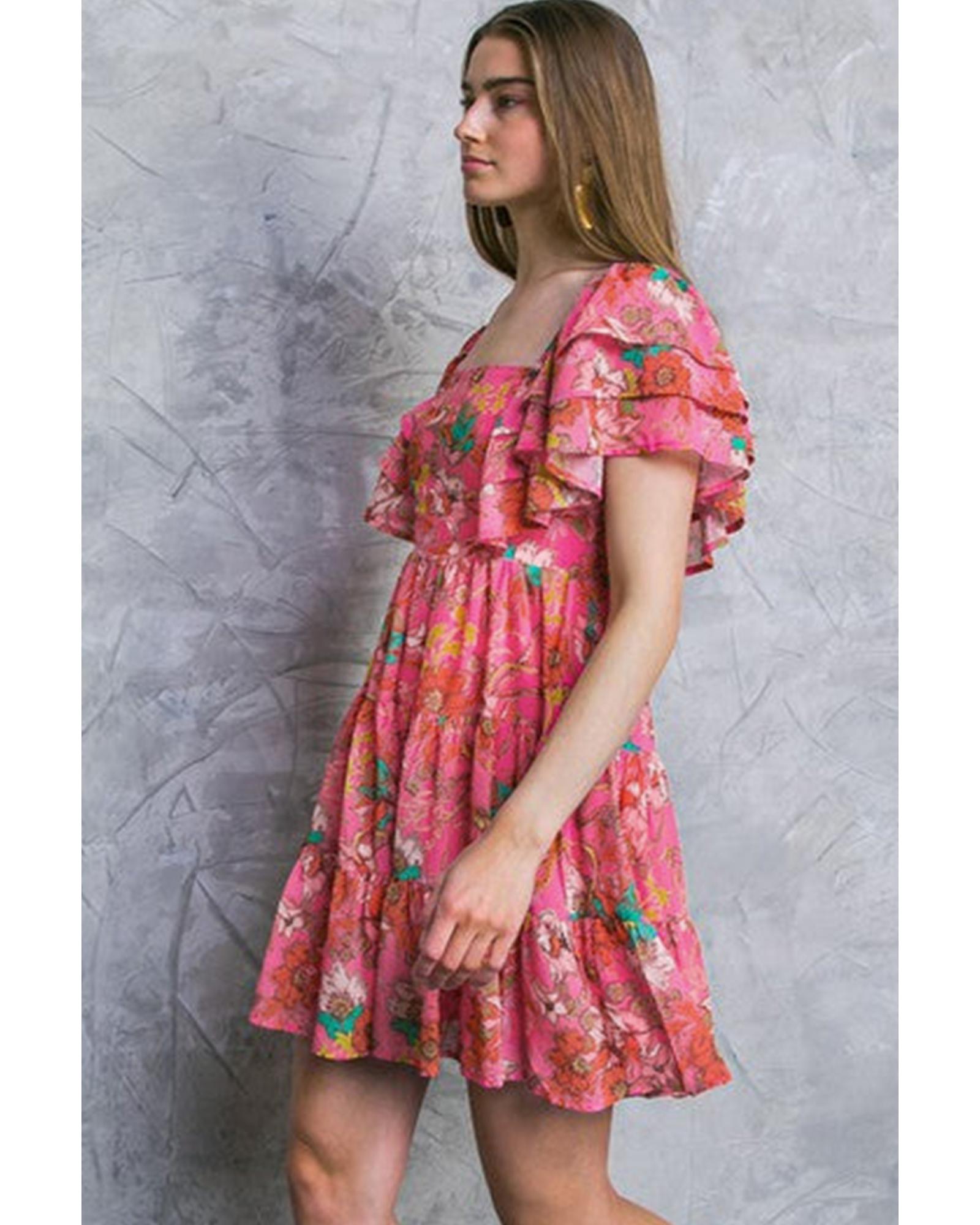 Pink Floral Square Neck Ruffle Sleeve Tiered Dress - XL 4