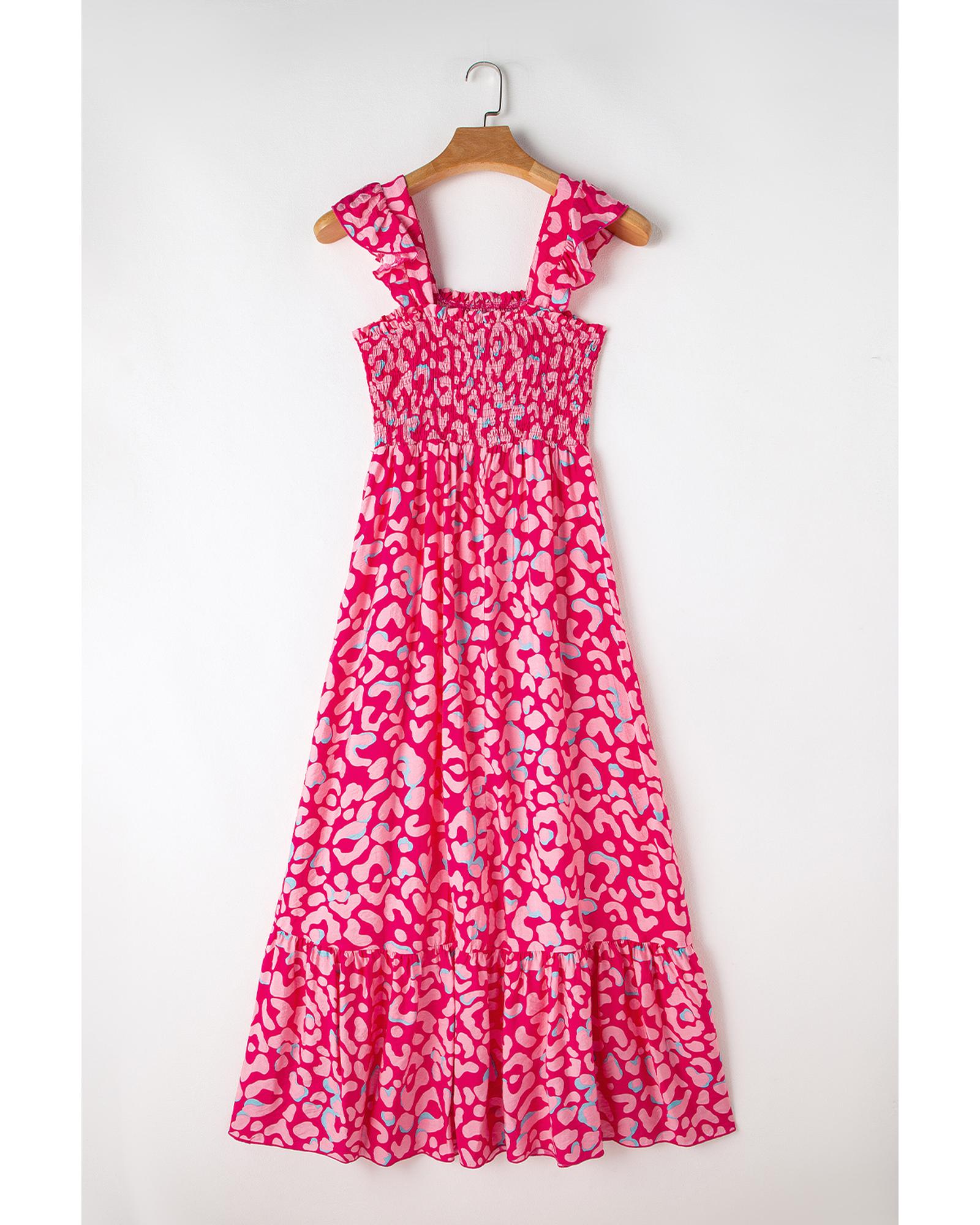 Pink Leopard Ruffle Straps Smocked High Waist Long Dress - L
