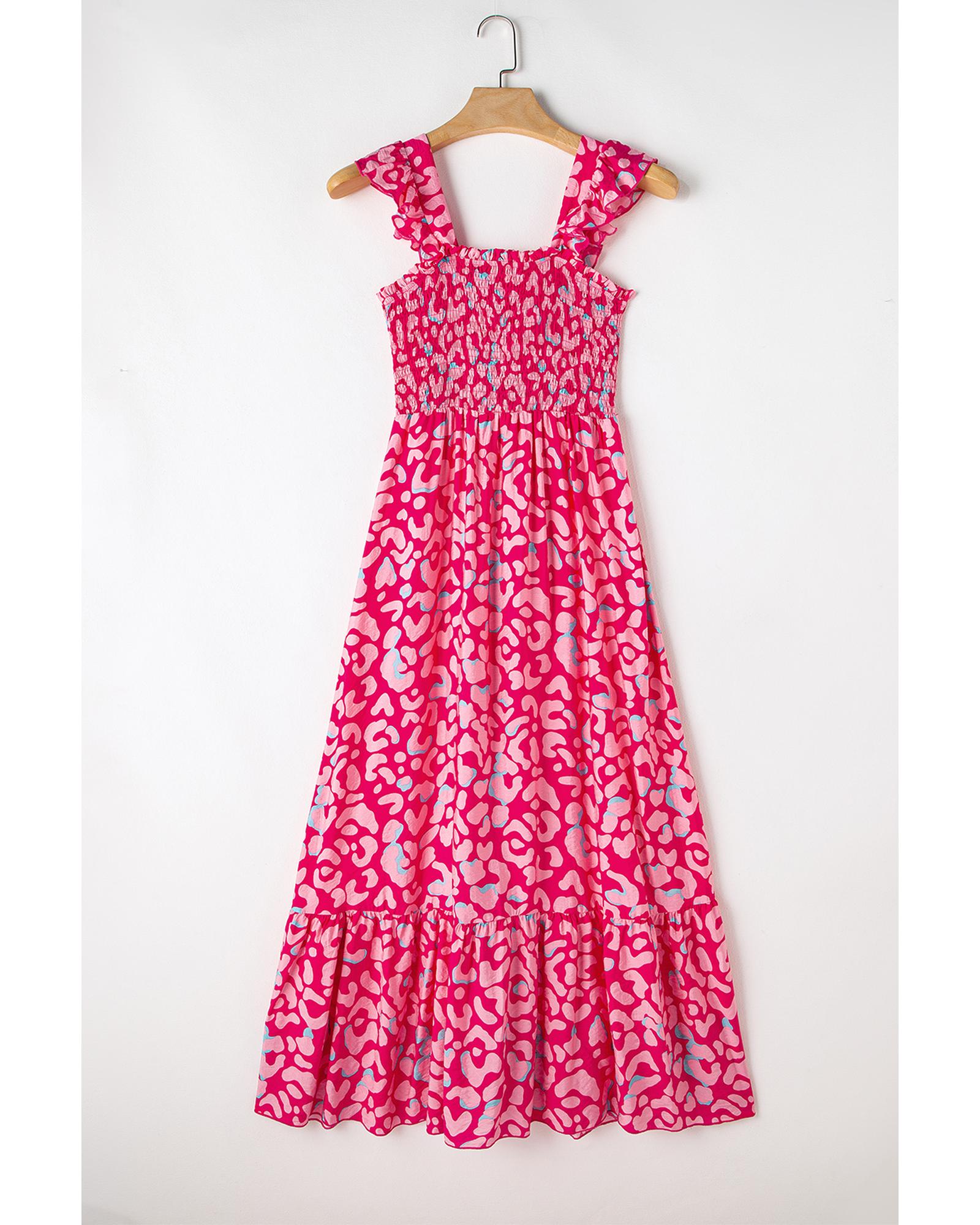 Pink Leopard Ruffle Straps Smocked High Waist Long Dress - L 3