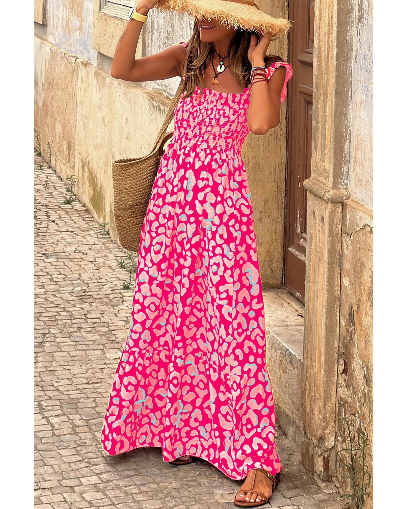 Pink Leopard Ruffle Straps Smocked High Waist Long Dress - L 5