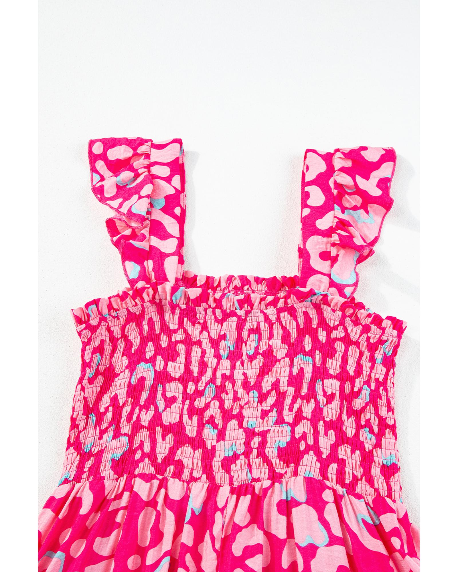 Pink Leopard Ruffle Straps Smocked High Waist Long Dress - L 8