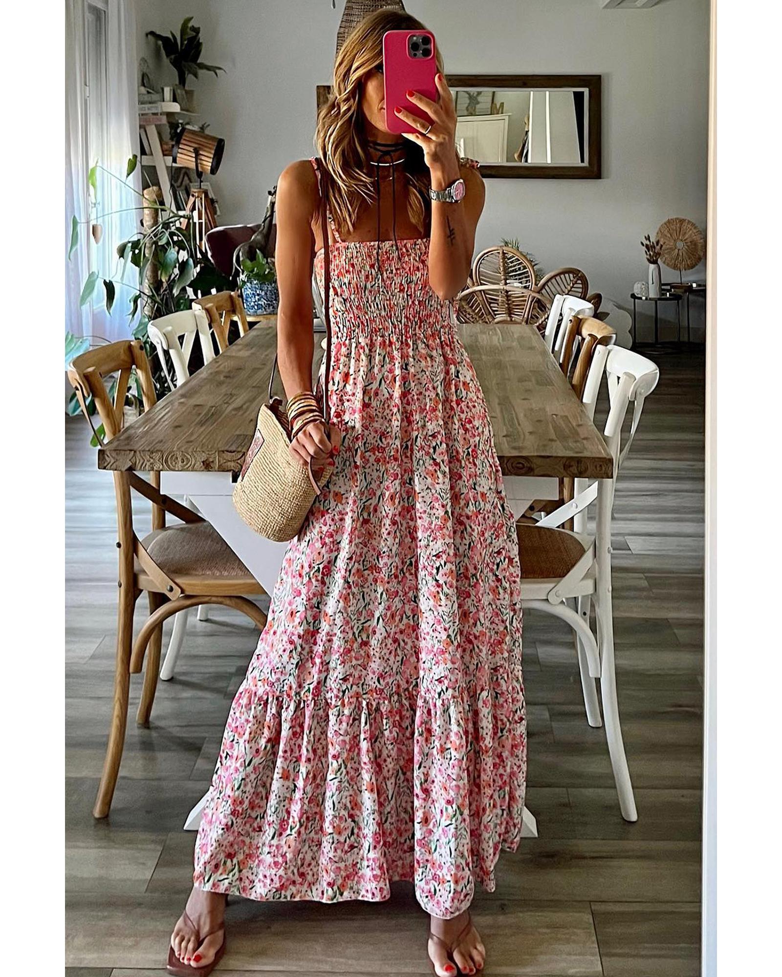 White Boho Floral Smocked Ruffled Maxi Dress - XL 5