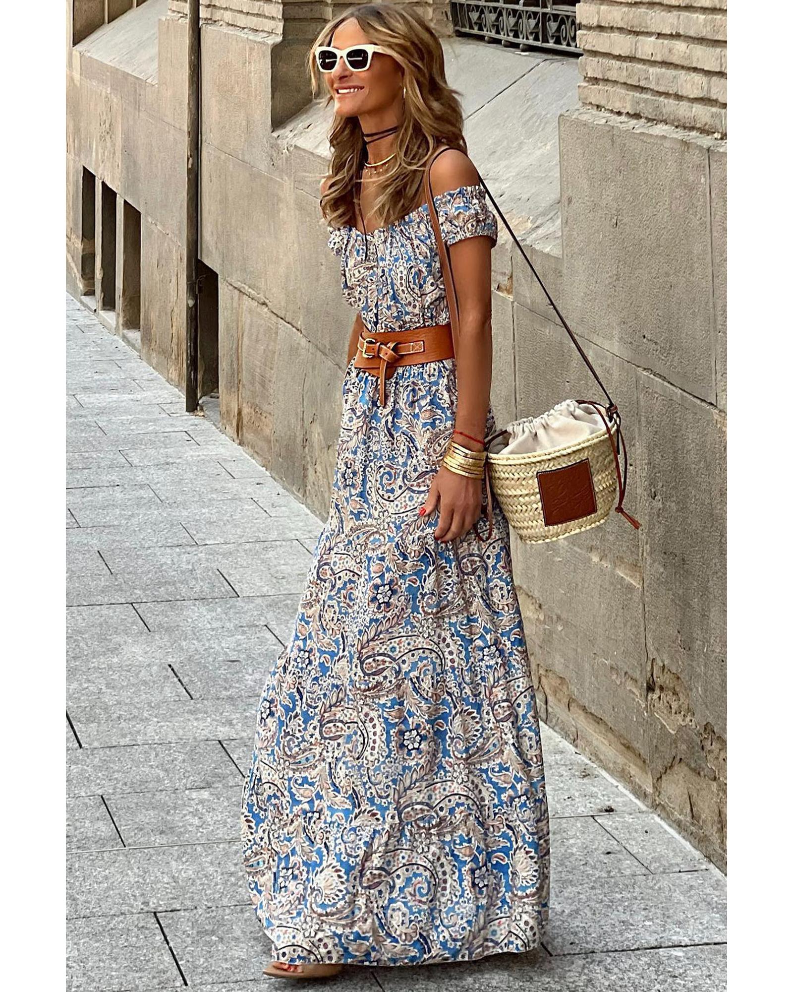 Blue Boho Paisley Print Off Shoulder Maxi Dress - XL