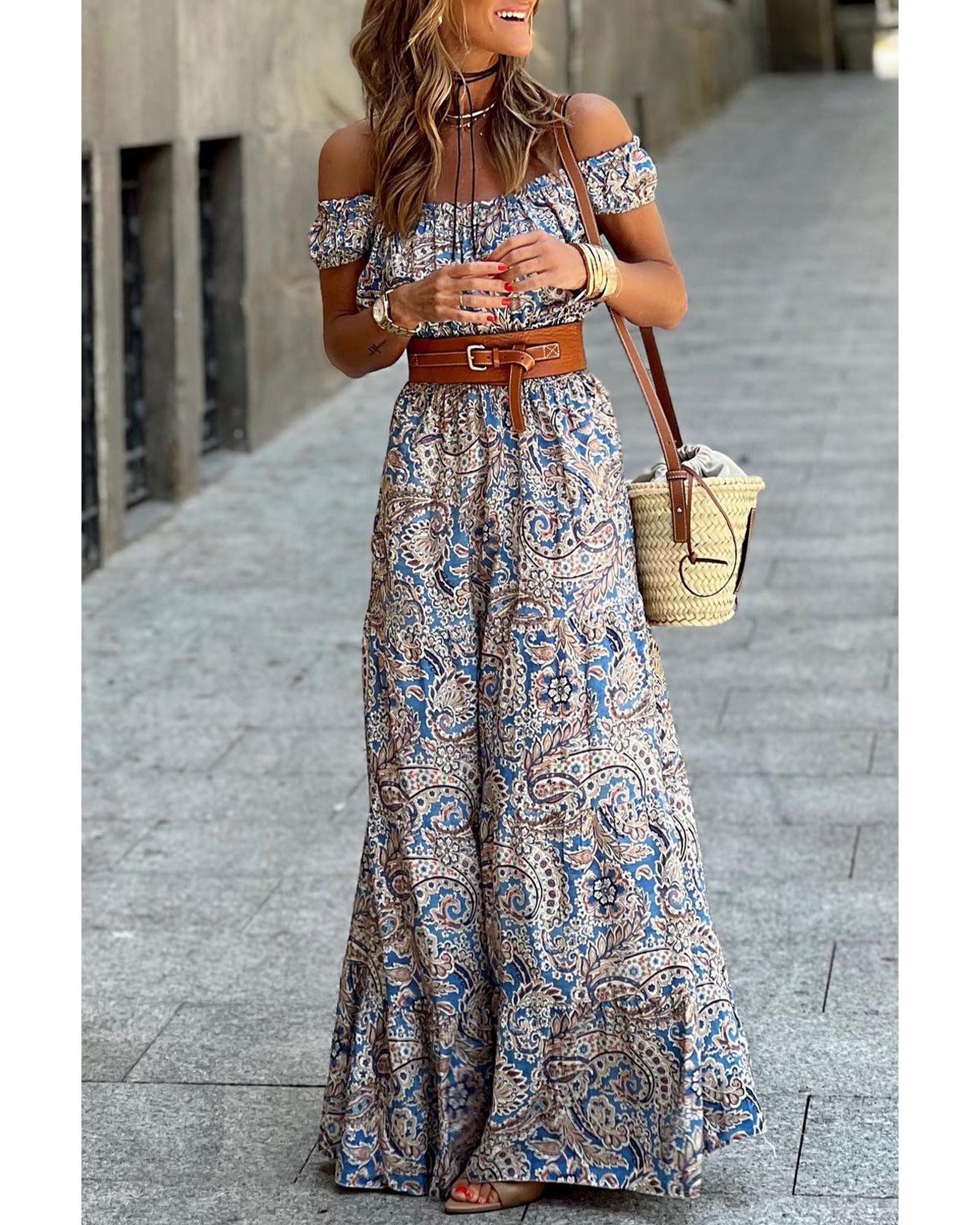 Blue Boho Paisley Print Off Shoulder Maxi Dress - XL