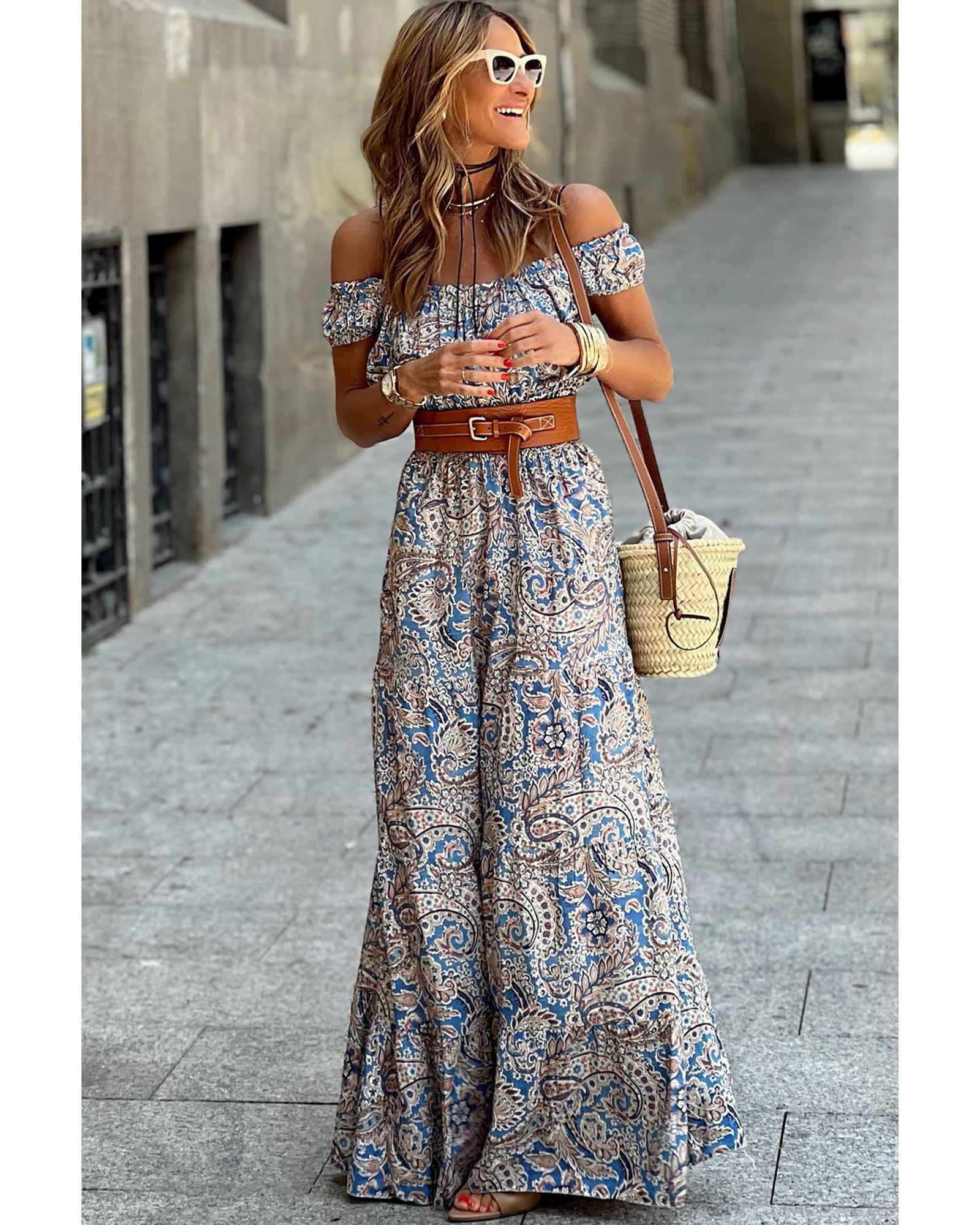 Blue Boho Paisley Print Off Shoulder Maxi Dress - XL 4