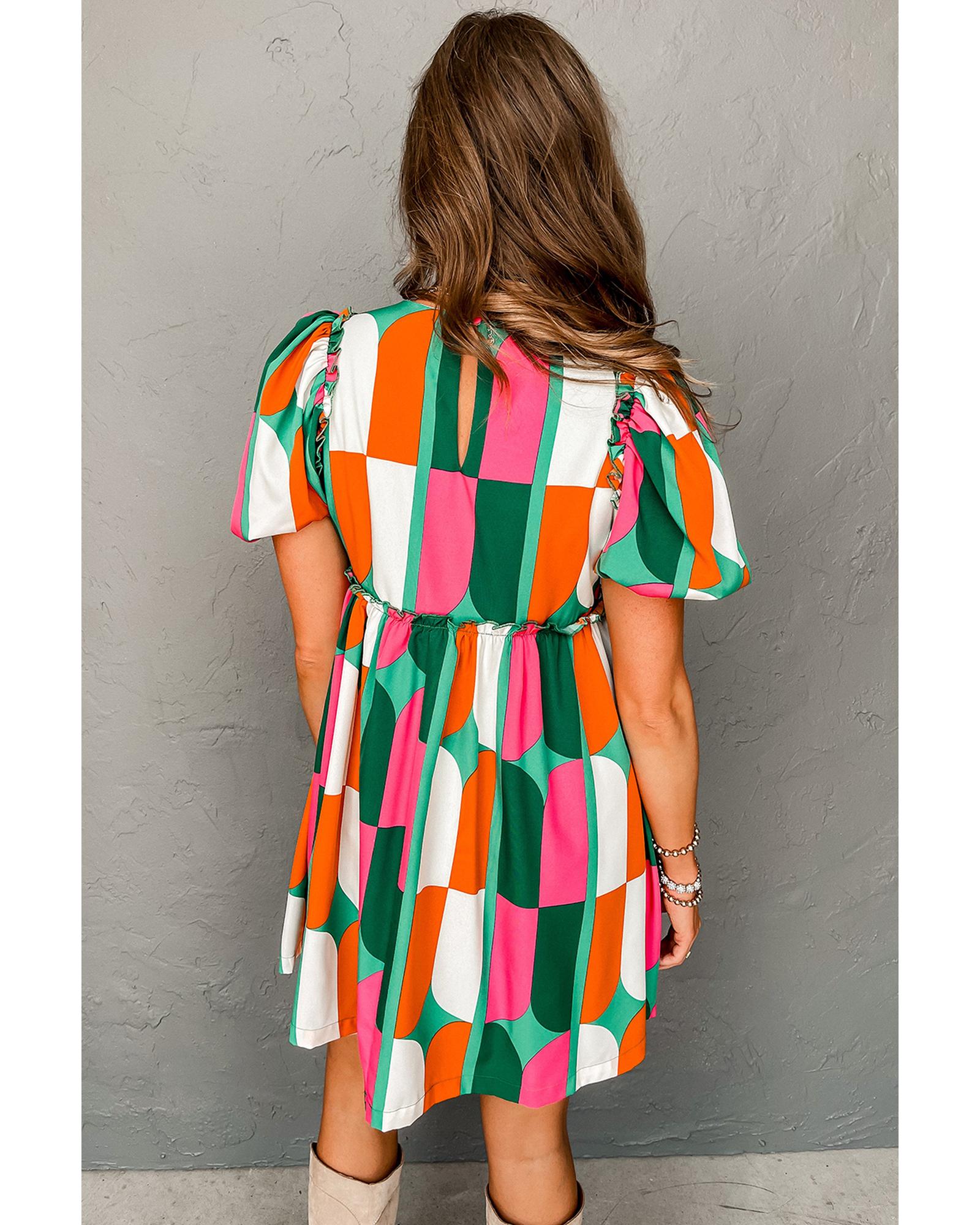 Green Abstract Print Puff Sleeve Short Dress - L 3