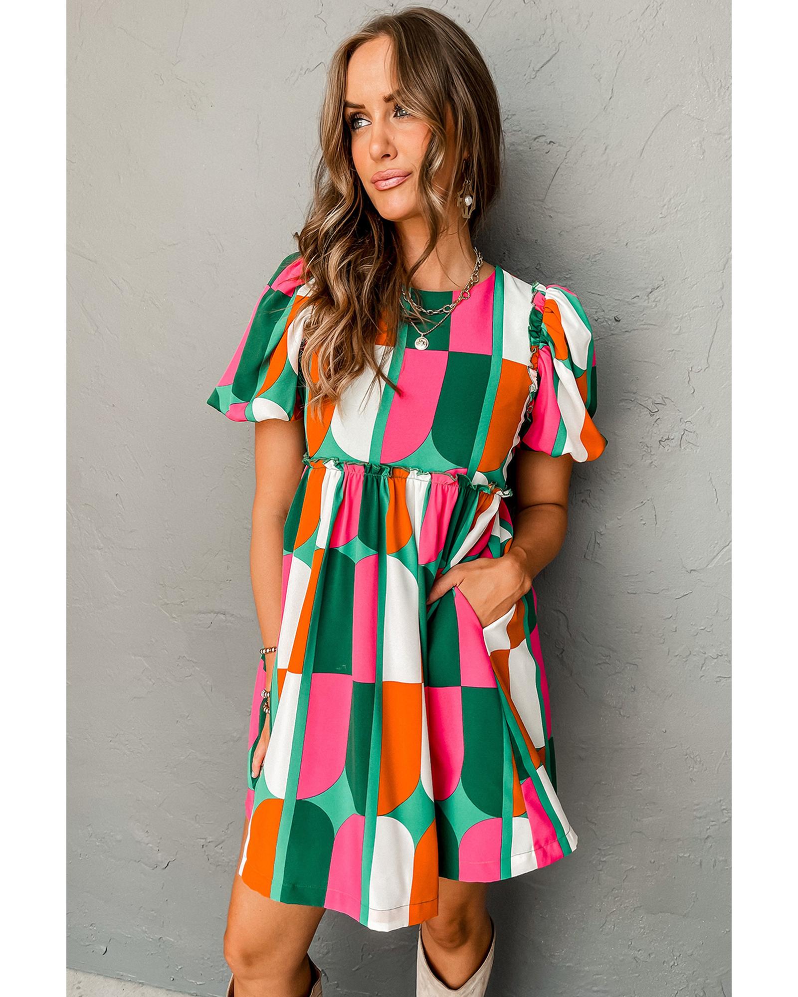 Green Abstract Print Puff Sleeve Short Dress - L 4