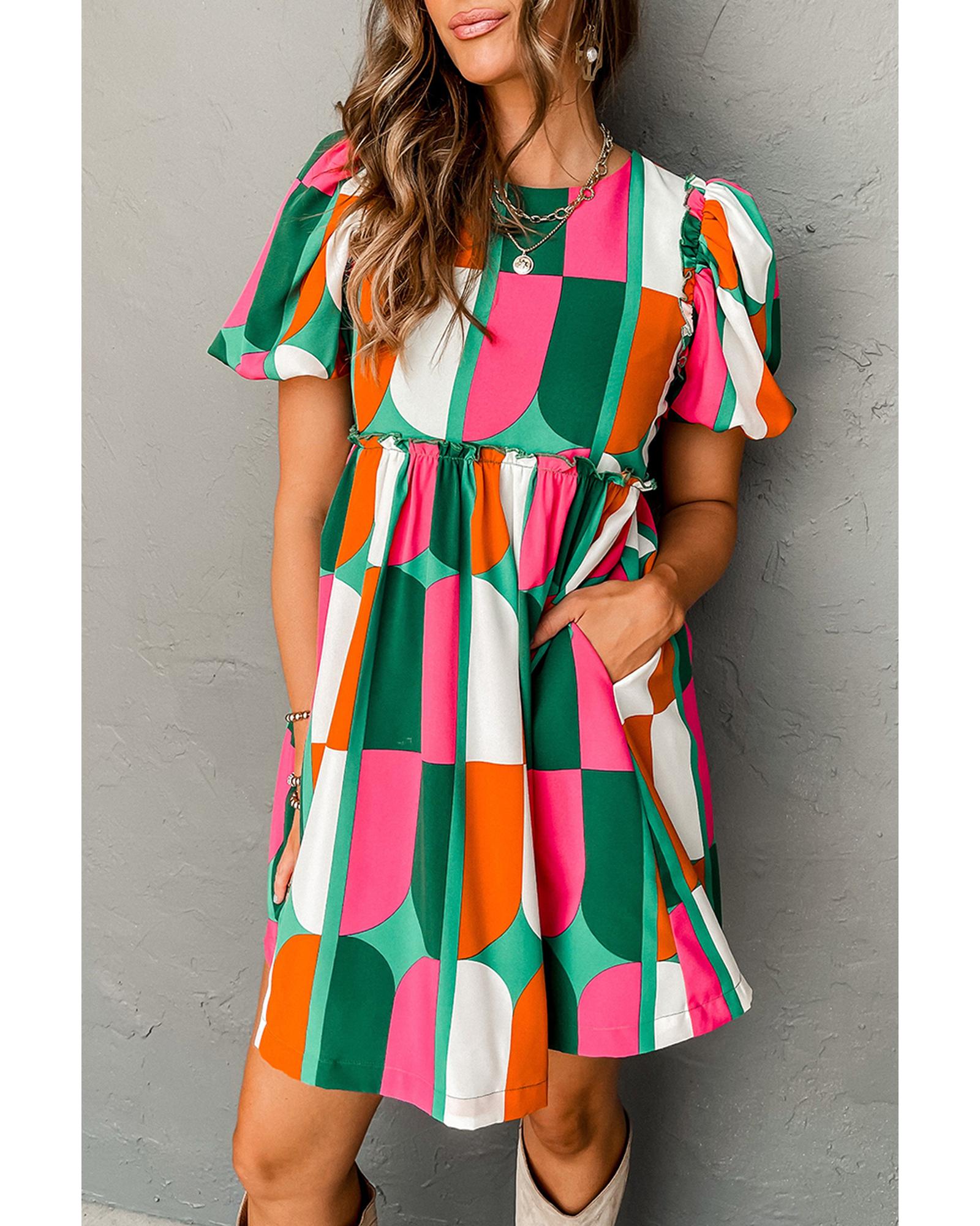 Green Abstract Print Puff Sleeve Short Dress - L 6