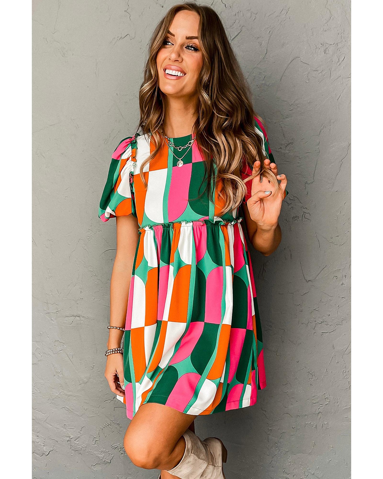 Green Abstract Print Puff Sleeve Short Dress - M 3