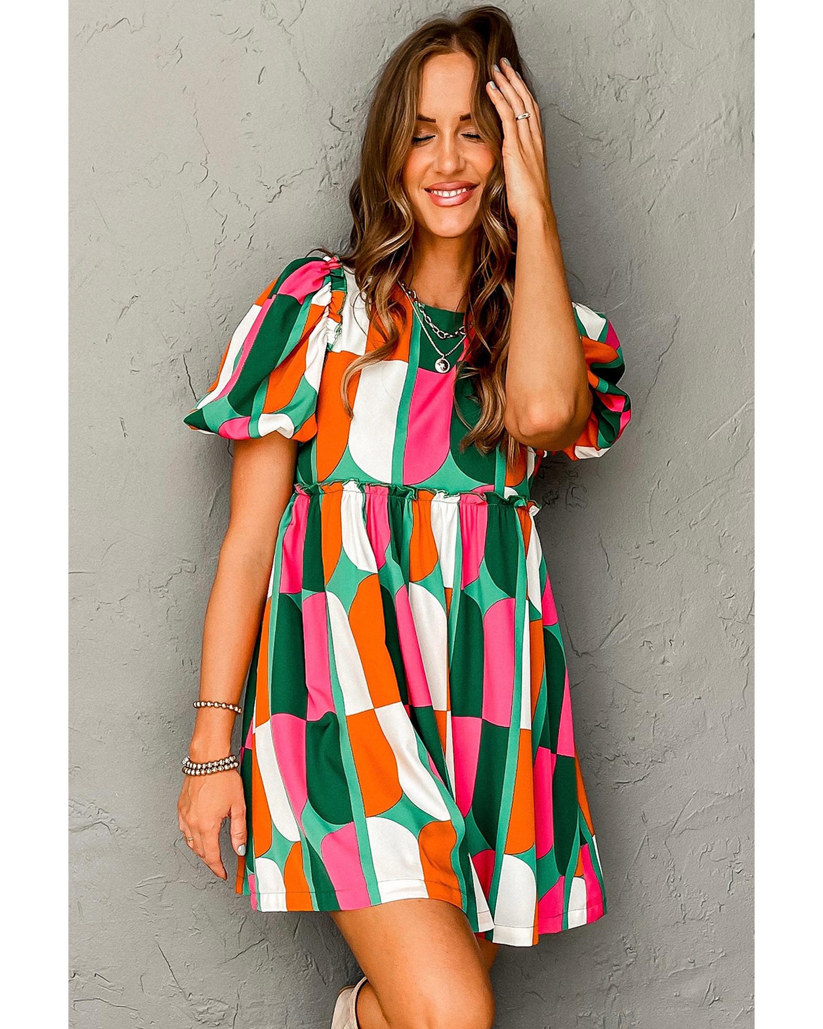 Green Abstract Print Puff Sleeve Short Dress - M 6