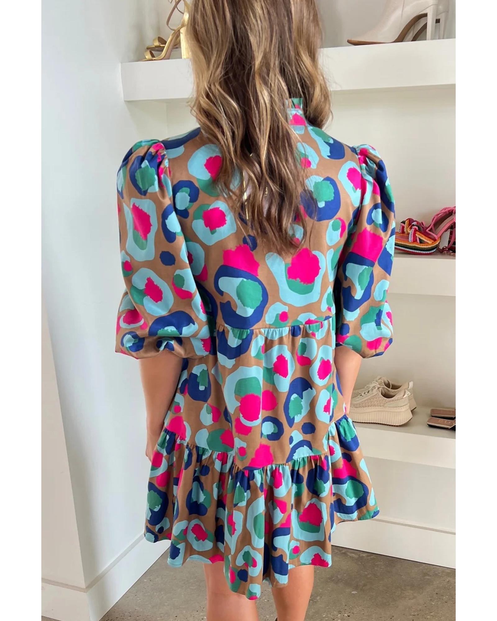 Green Leopard Print Bubble Sleeve Slit Neck Ruffled Dress - L 5