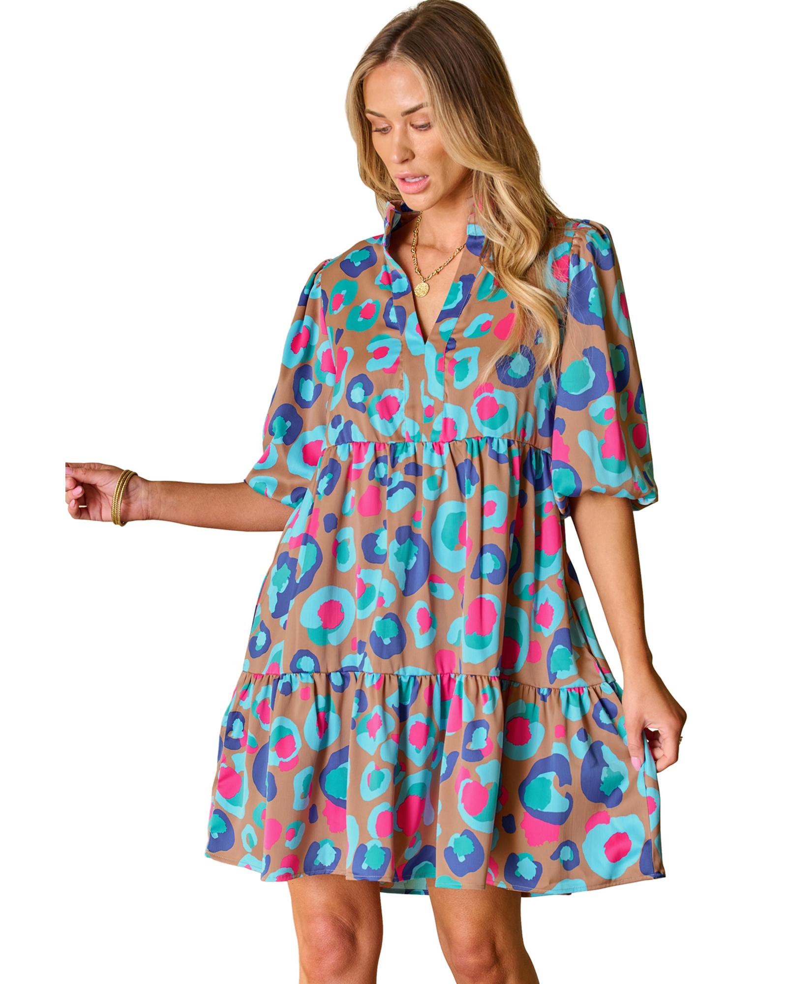 Green Leopard Print Bubble Sleeve Slit Neck Ruffled Dress - L 7