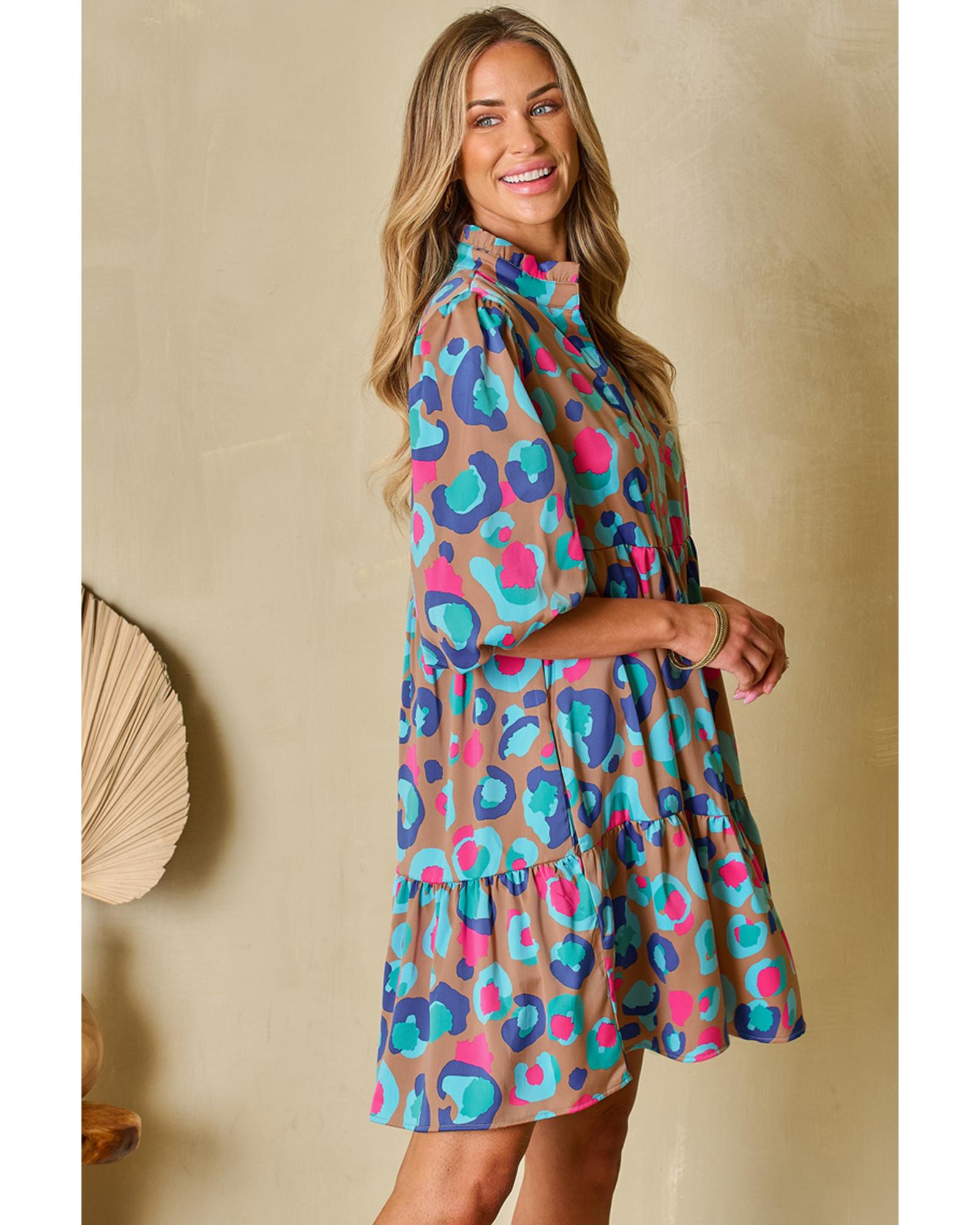 Green Leopard Print Bubble Sleeve Slit Neck Ruffled Dress - S 3