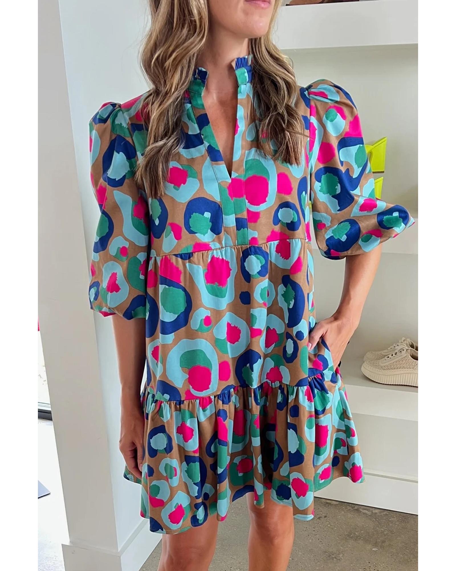 Green Leopard Print Bubble Sleeve Slit Neck Ruffled Dress - S 4
