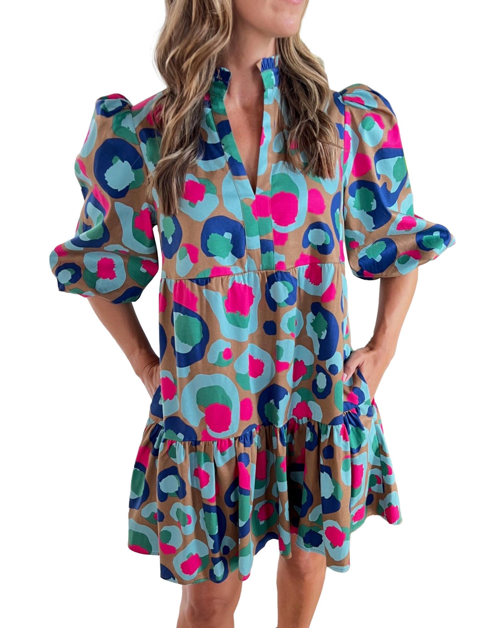 Green Leopard Print Bubble Sleeve Slit Neck Ruffled Dress - S 6