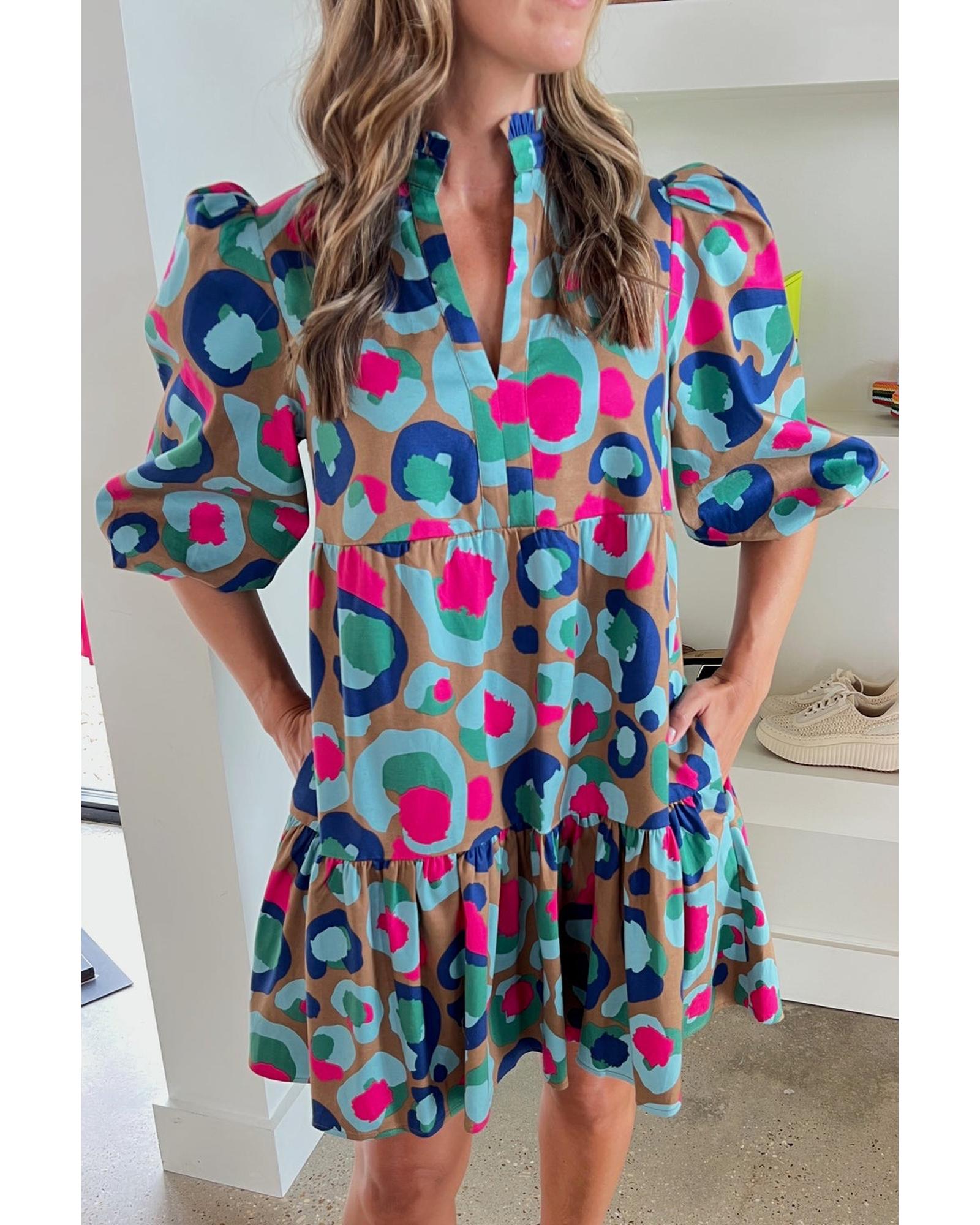 Green Leopard Print Bubble Sleeve Slit Neck Ruffled Dress - XL 4