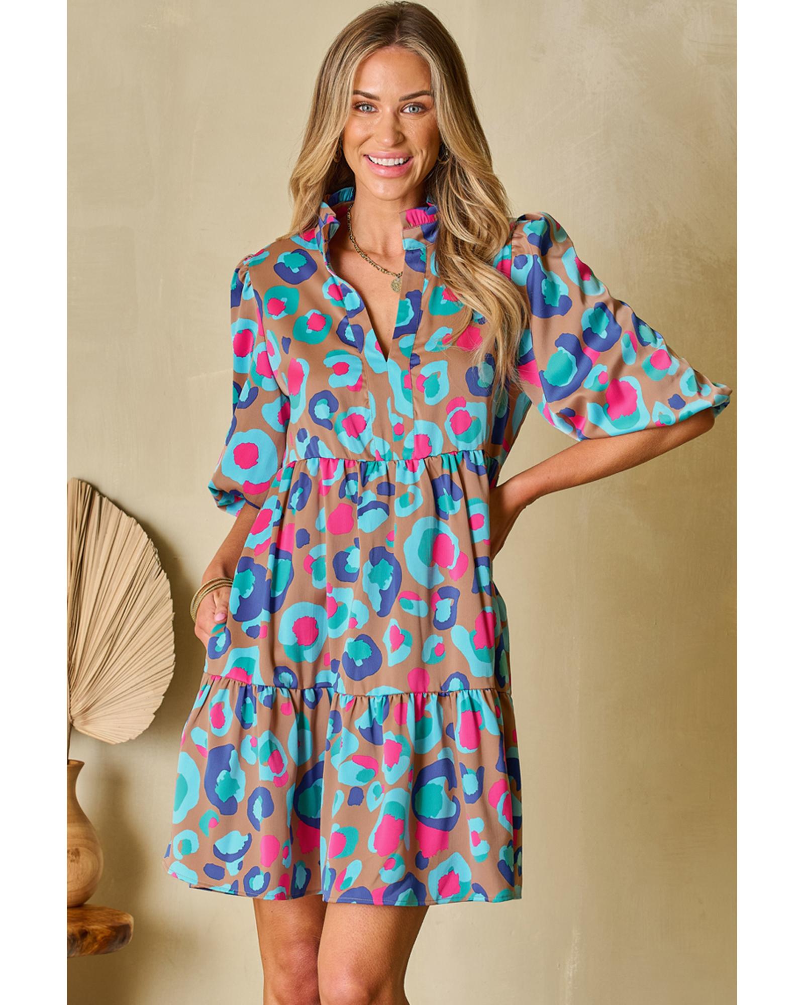 Green Leopard Print Bubble Sleeve Slit Neck Ruffled Dress - XL 7