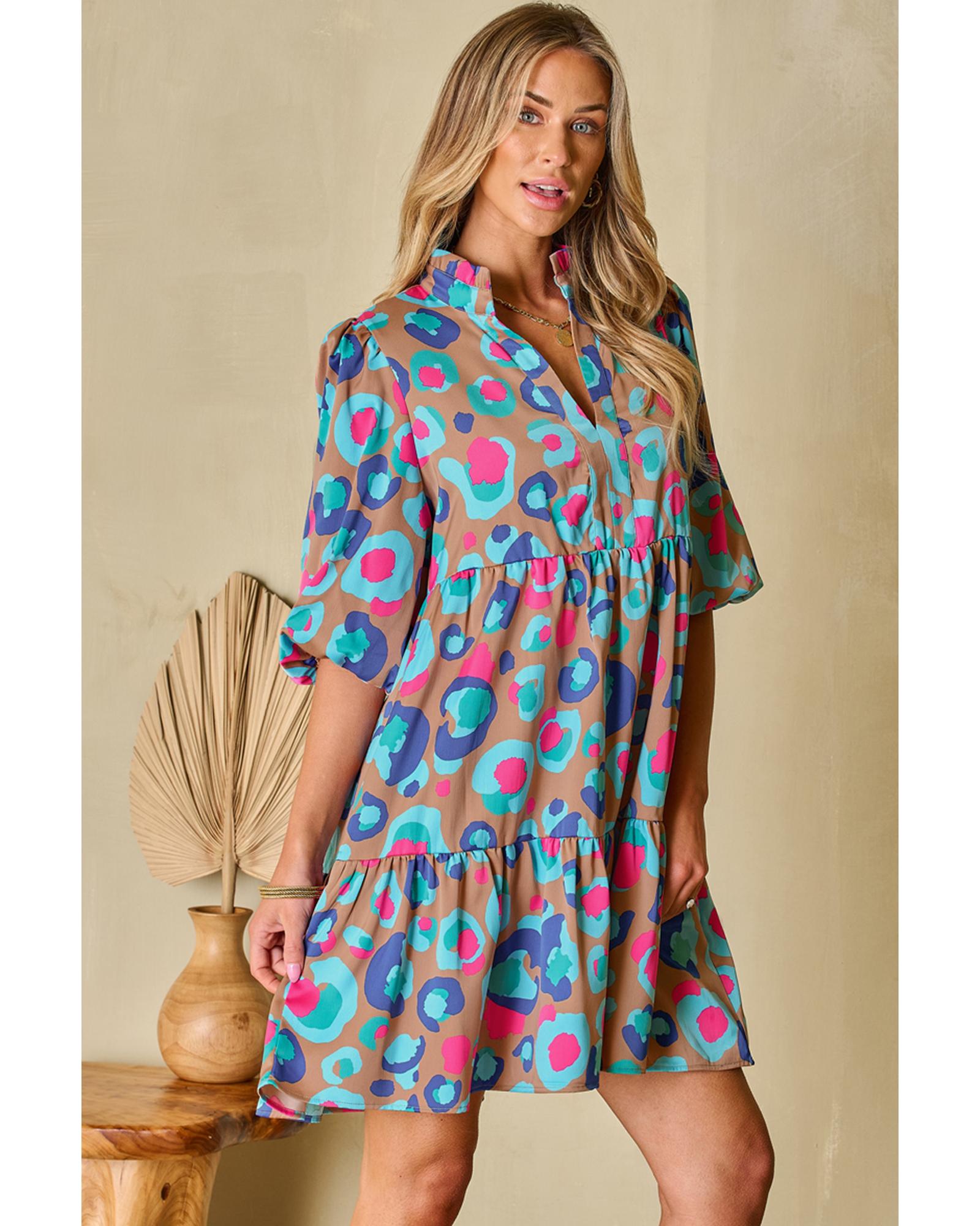 Green Leopard Print Bubble Sleeve Slit Neck Ruffled Dress - XL 8