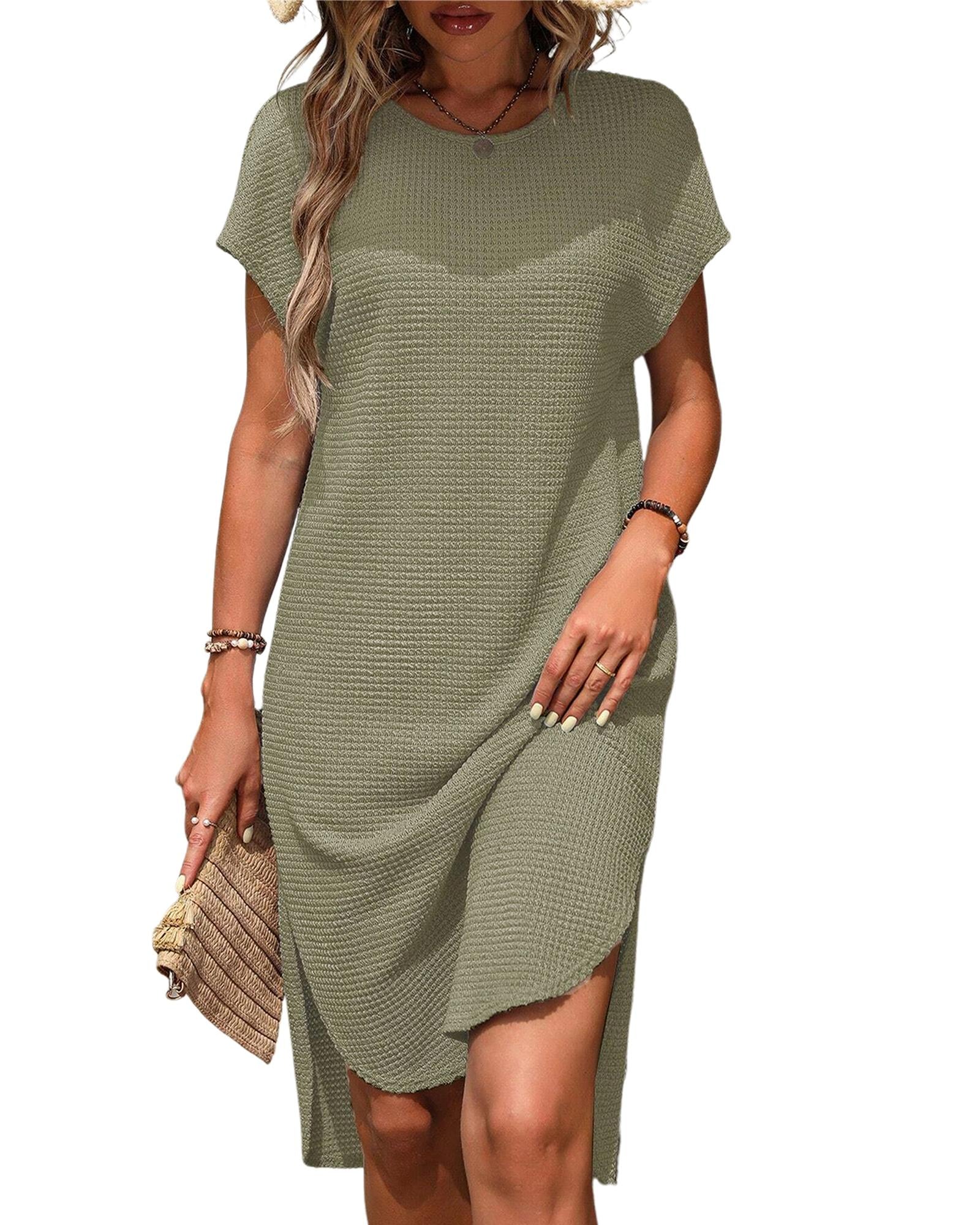 Jungle Green Waffle Texture Curved Hem Side Slit T-shirt Dress - M 3