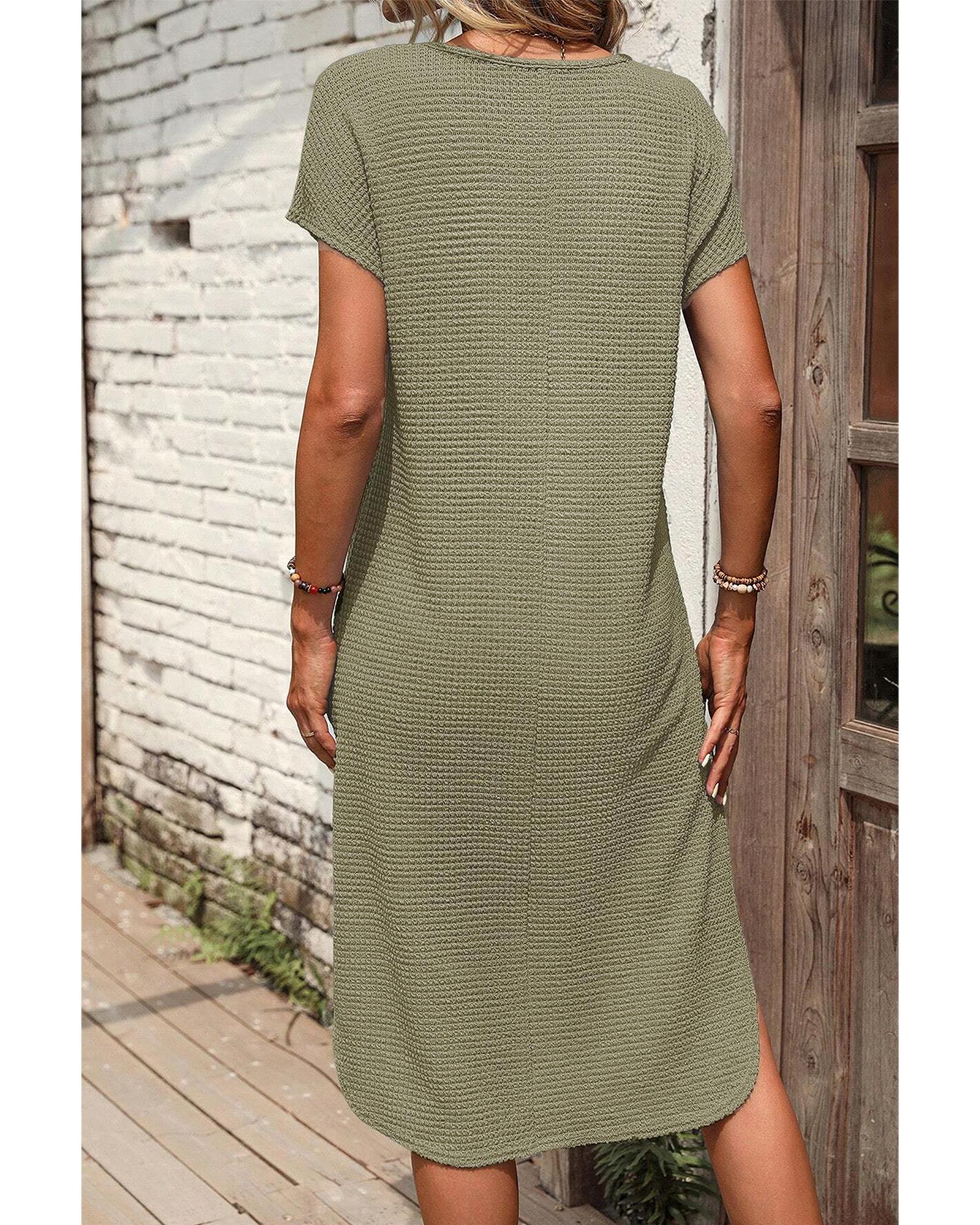 Jungle Green Waffle Texture Curved Hem Side Slit T-shirt Dress - S 6