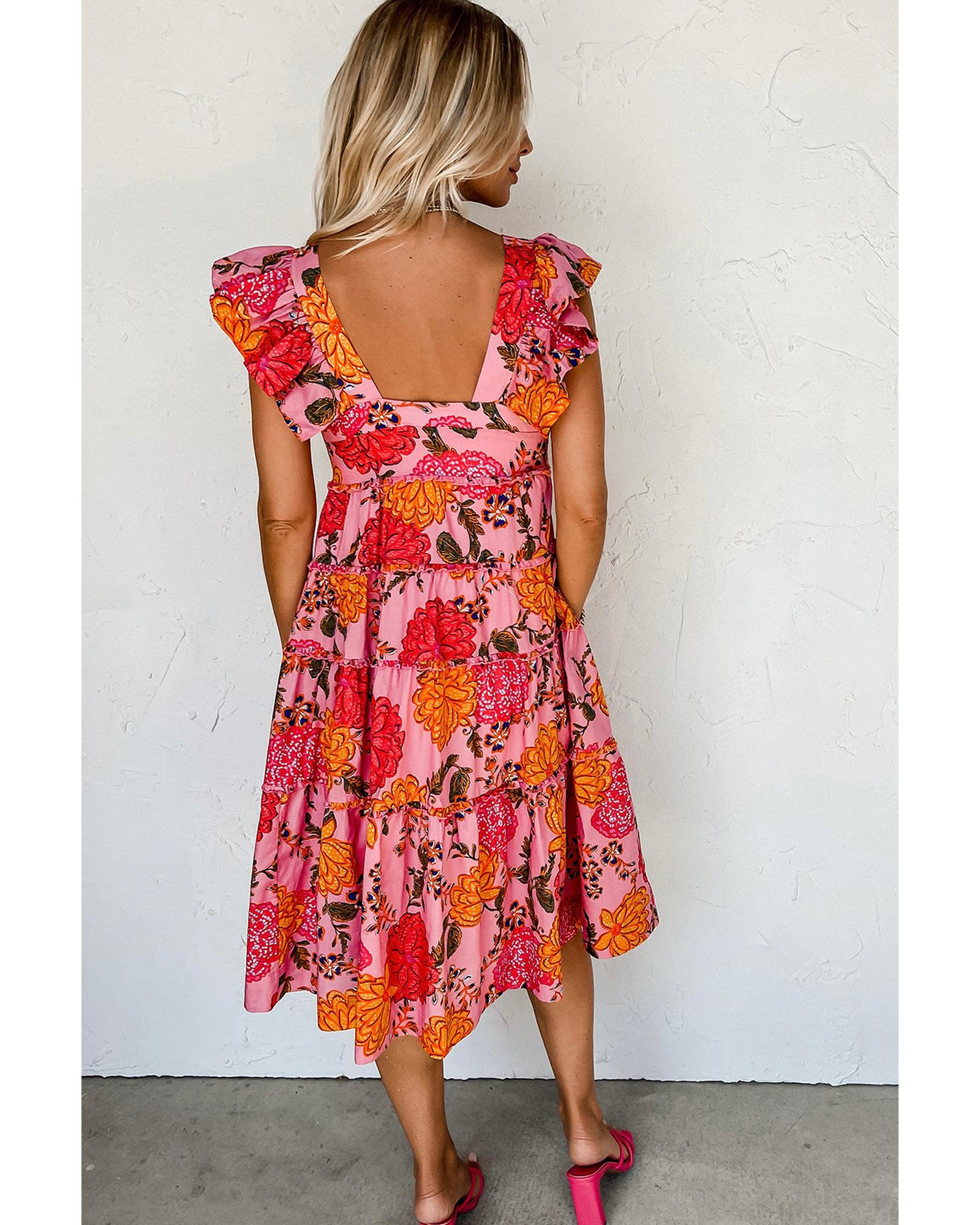 Pink Floral Square Neck Ruffled Flutter Sleeve Tiered Midi Dress - L 6