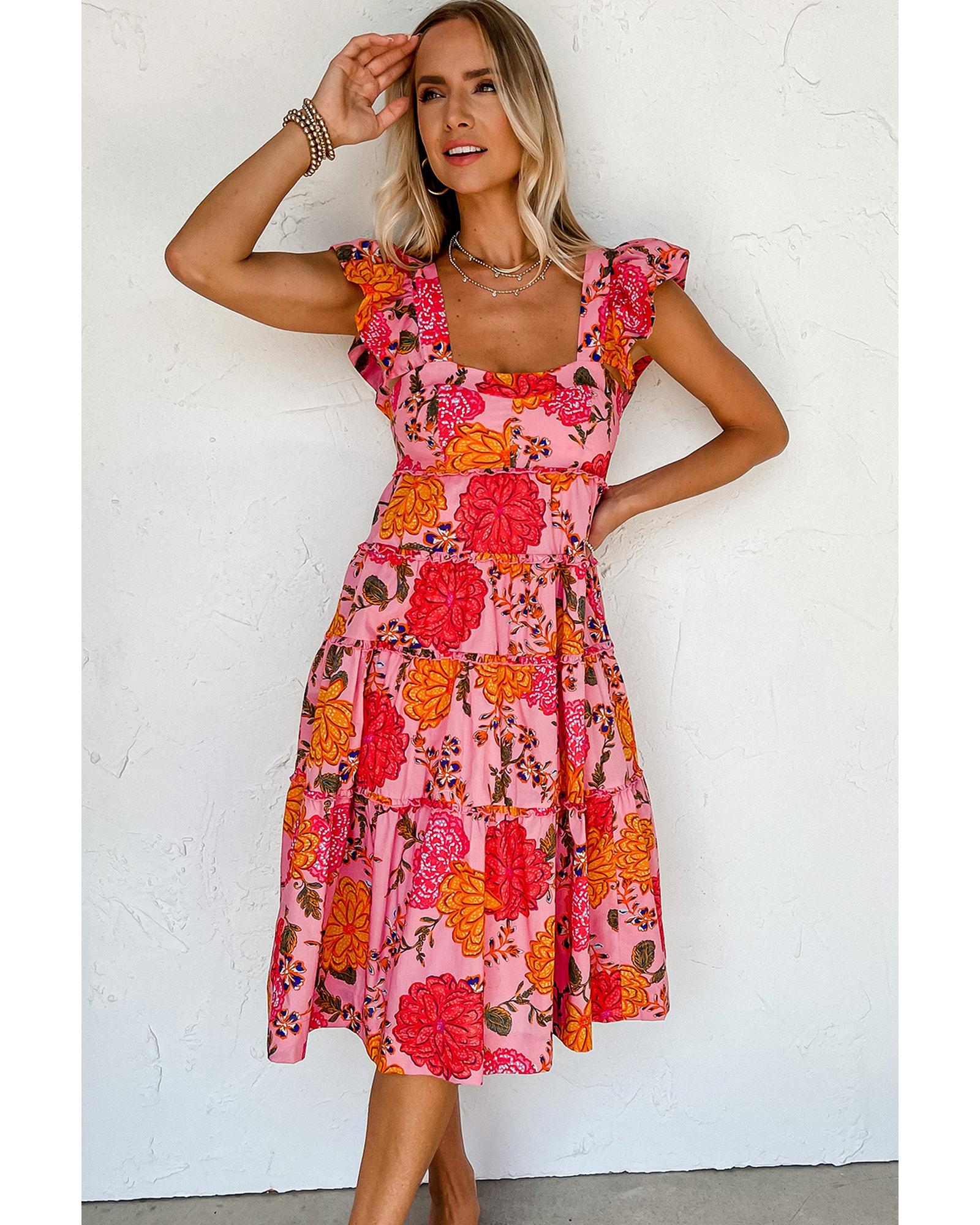 Pink Floral Square Neck Ruffled Flutter Sleeve Tiered Midi Dress - M