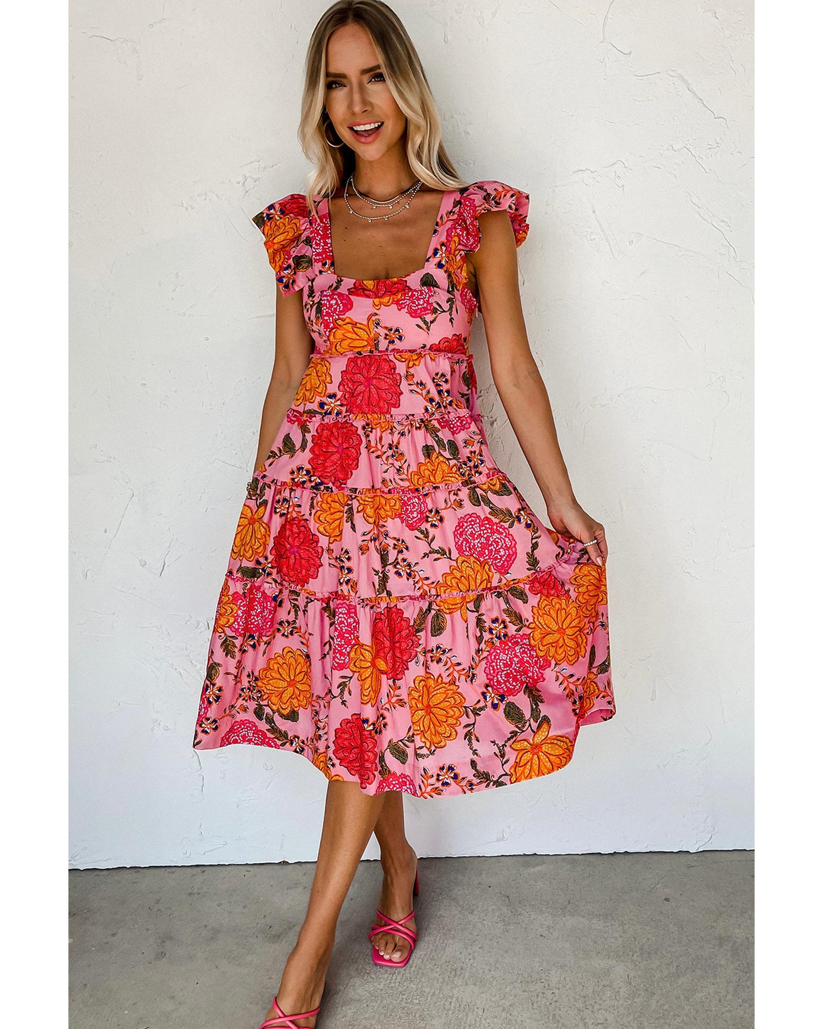 Pink Floral Square Neck Ruffled Flutter Sleeve Tiered Midi Dress - S 4