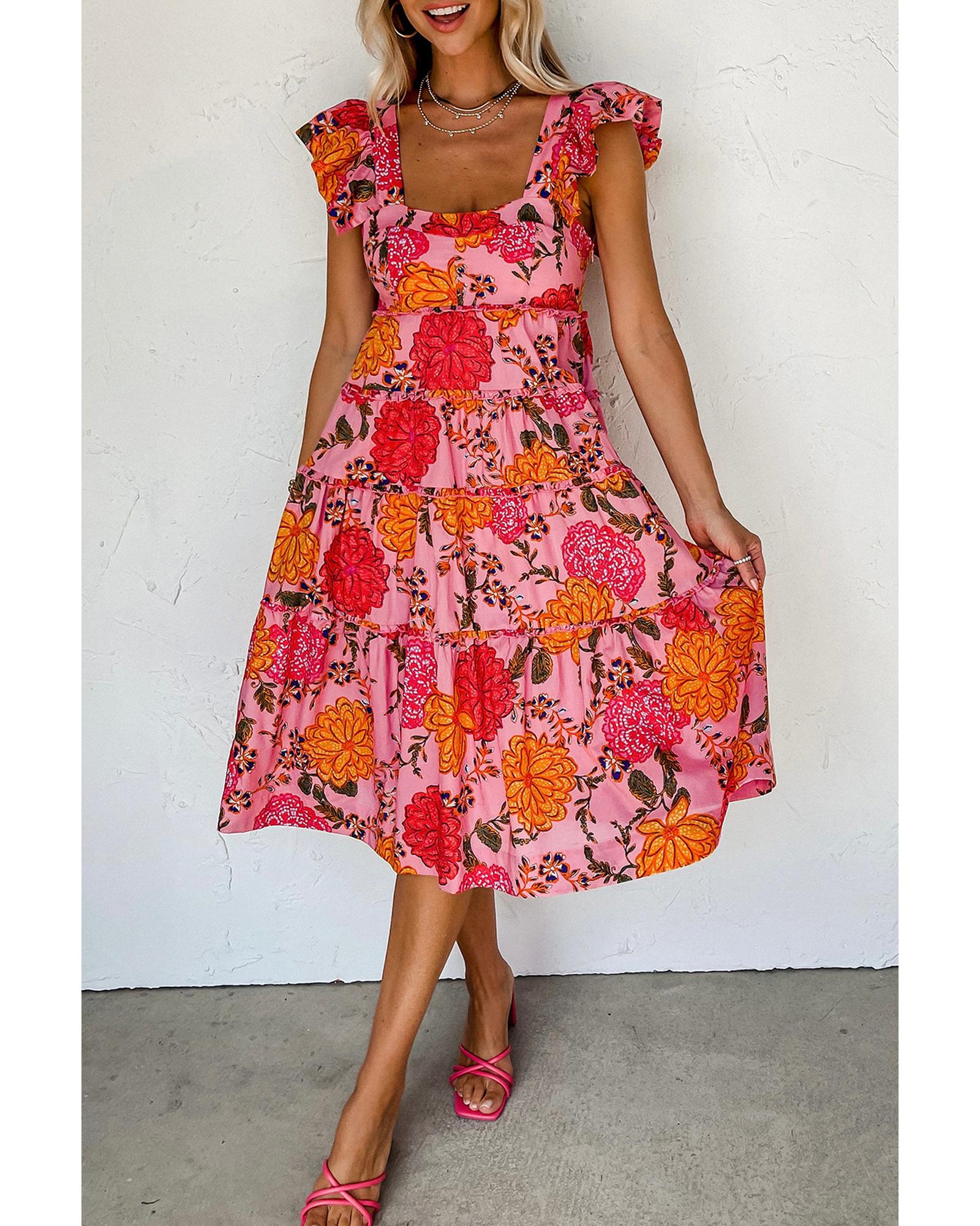 Pink Floral Square Neck Ruffled Flutter Sleeve Tiered Midi Dress - S 5