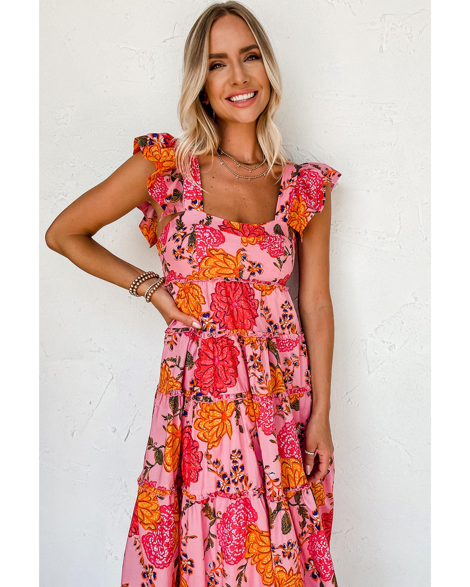 Pink Floral Square Neck Ruffled Flutter Sleeve Tiered Midi Dress - S 6