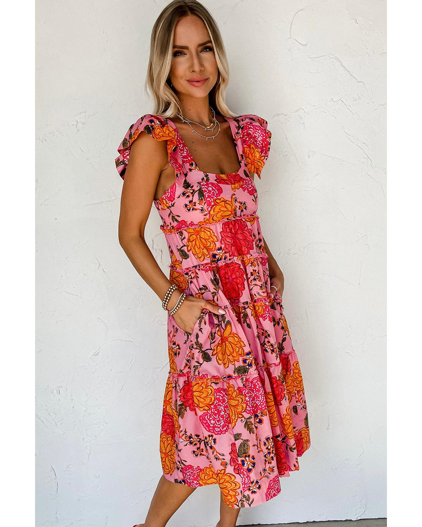 Pink Floral Square Neck Ruffled Flutter Sleeve Tiered Midi Dress - S 7