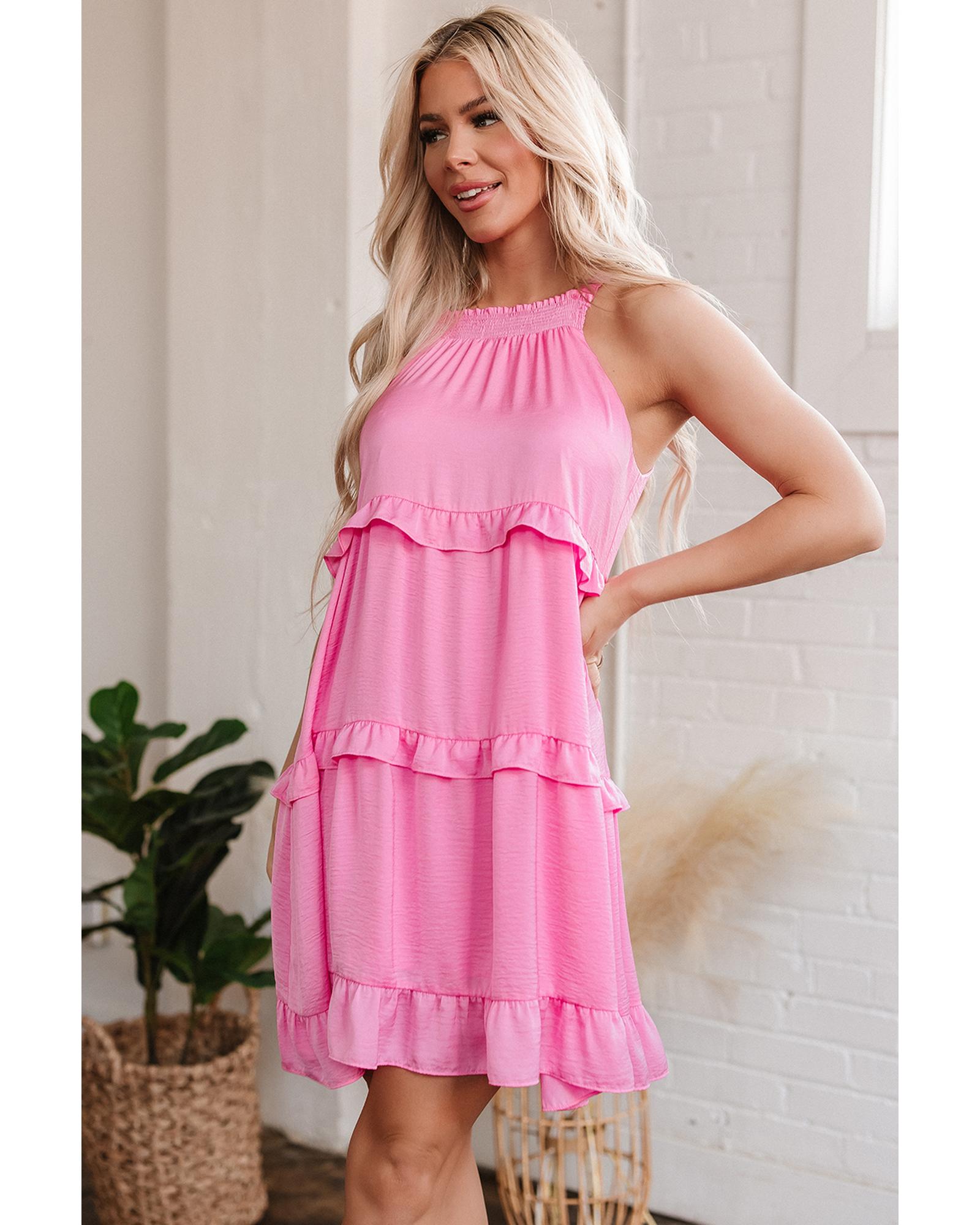 Pink Smocked Neck Knot Back Frilly Tiered Sleeveless Mini Dress - M 5