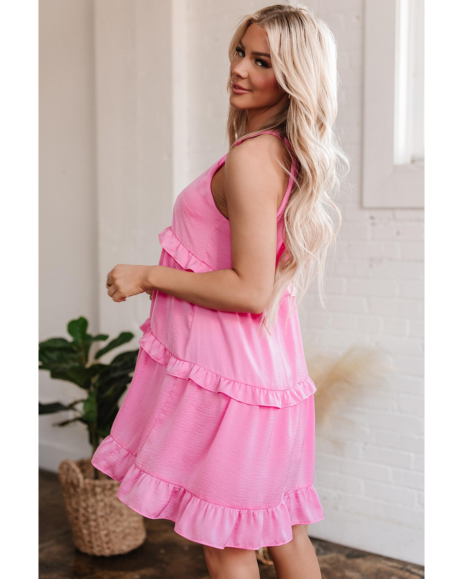 Pink Smocked Neck Knot Back Frilly Tiered Sleeveless Mini Dress - S 4