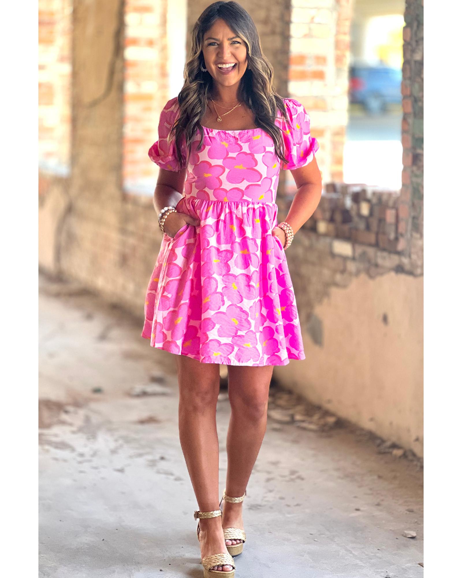 Rose Floral Print Square Neck Empire Waist Flowy Dress - L 3