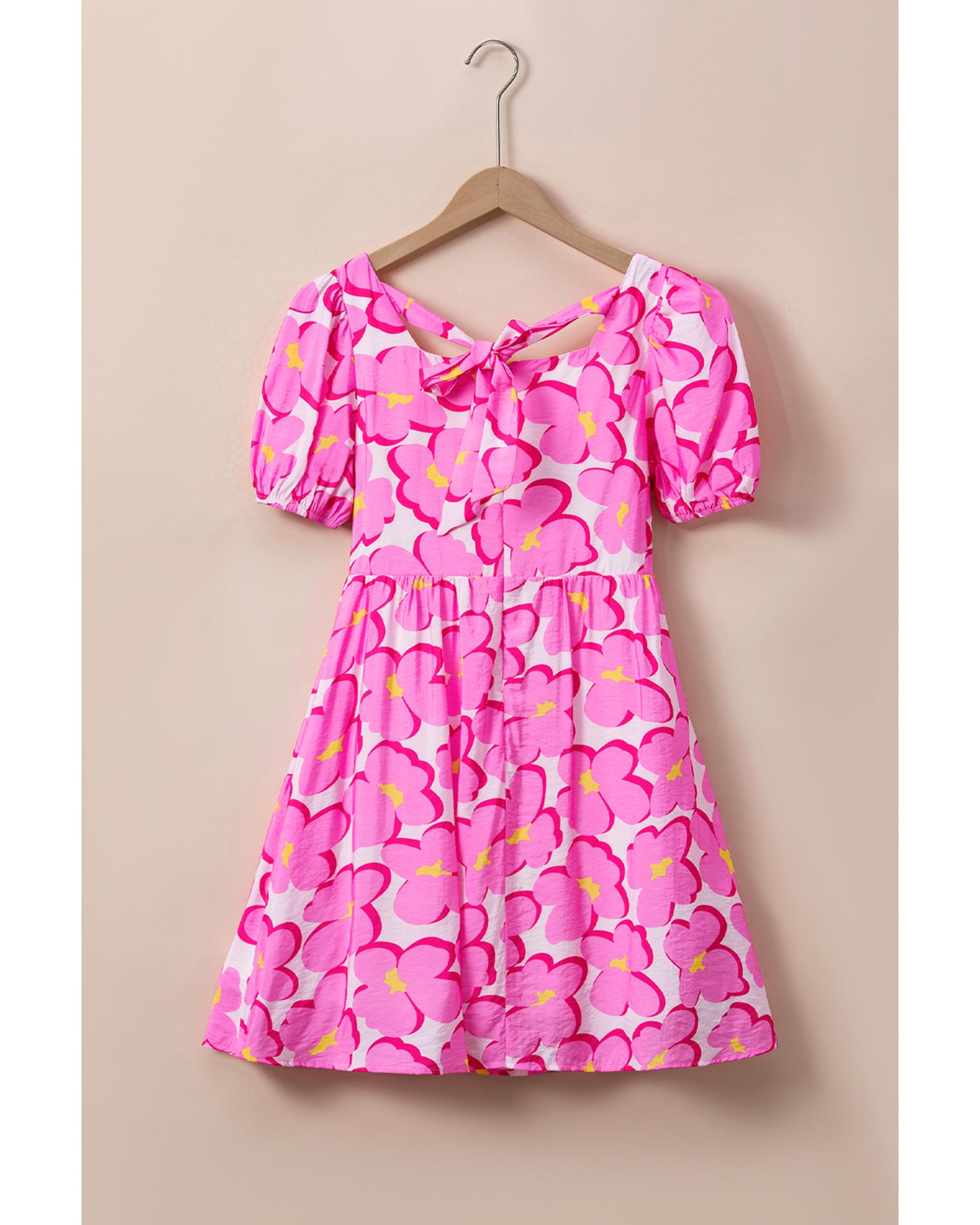 Rose Floral Print Square Neck Empire Waist Flowy Dress - M