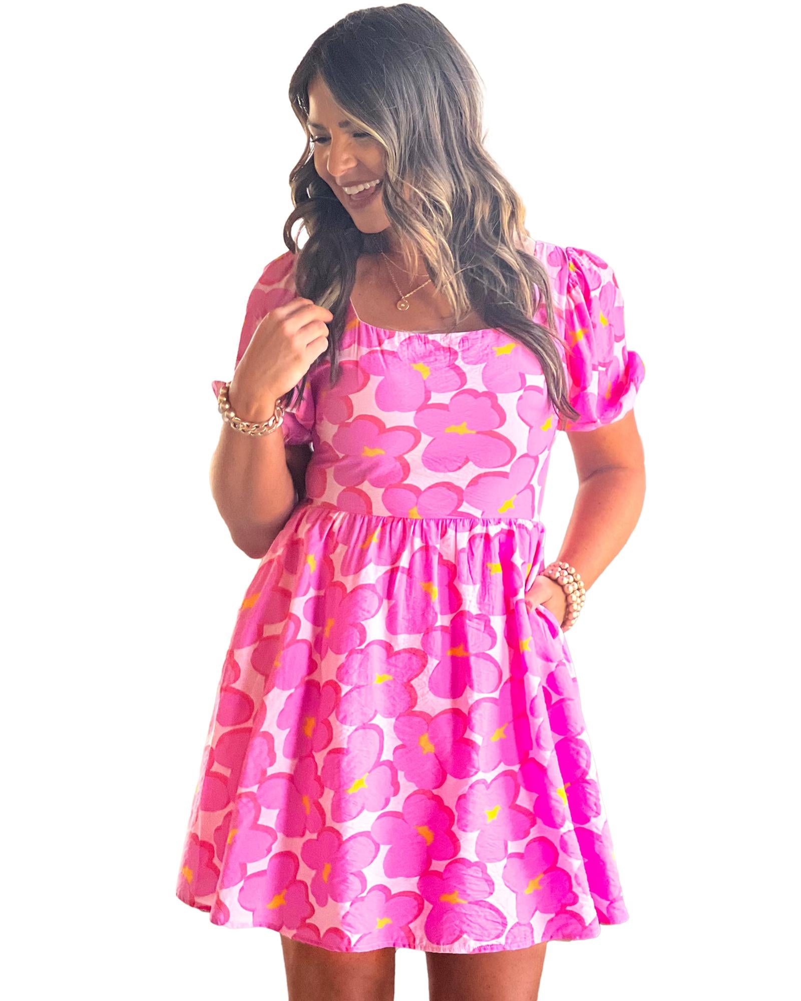 Rose Floral Print Square Neck Empire Waist Flowy Dress - M 4