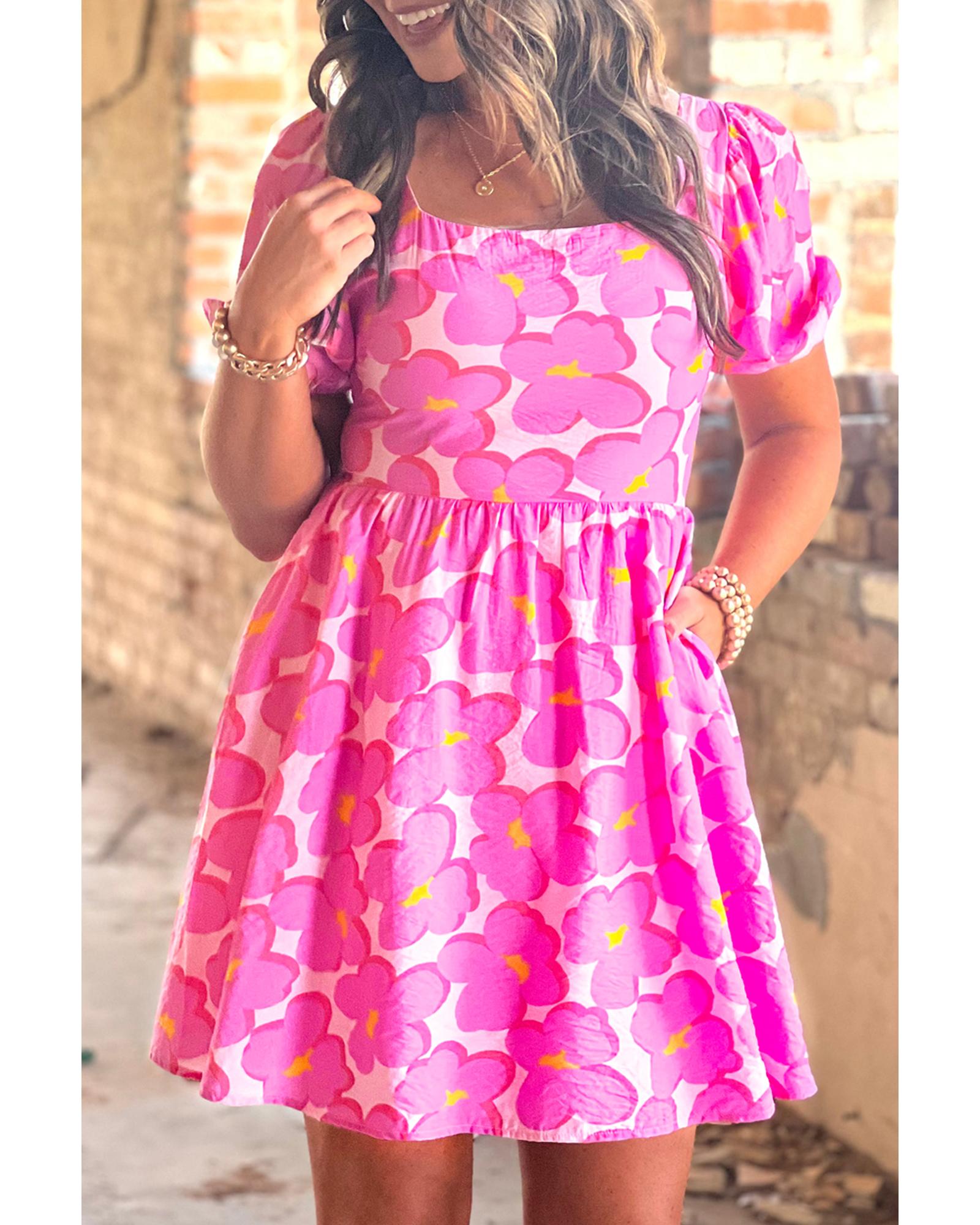 Rose Floral Print Square Neck Empire Waist Flowy Dress - S 8