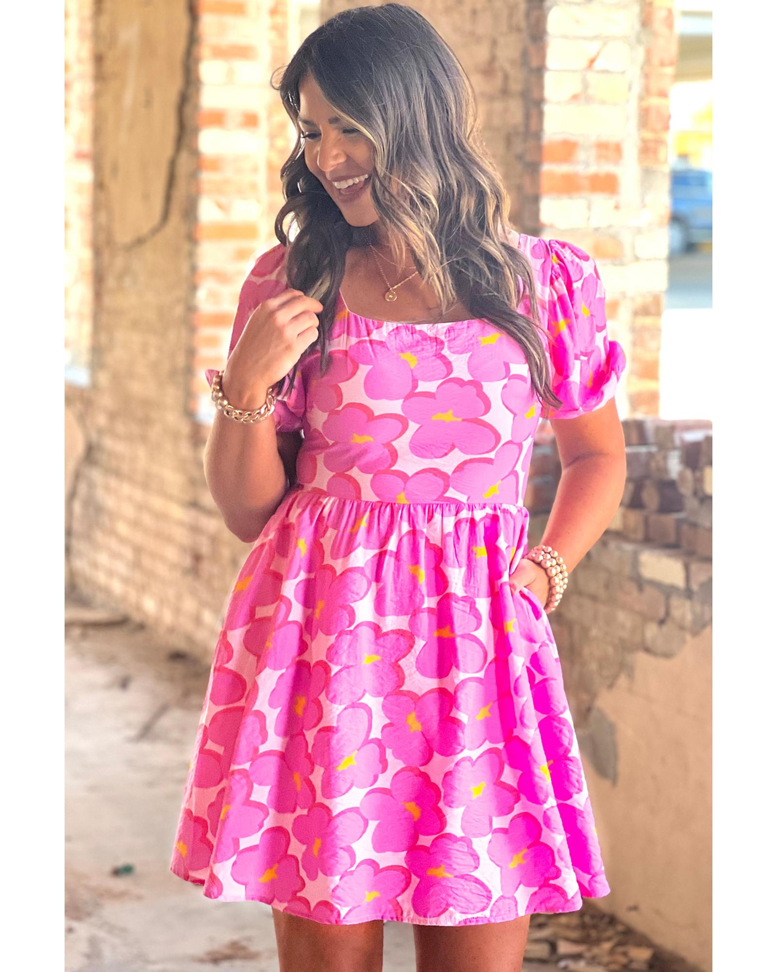 Rose Floral Print Square Neck Empire Waist Flowy Dress - XL