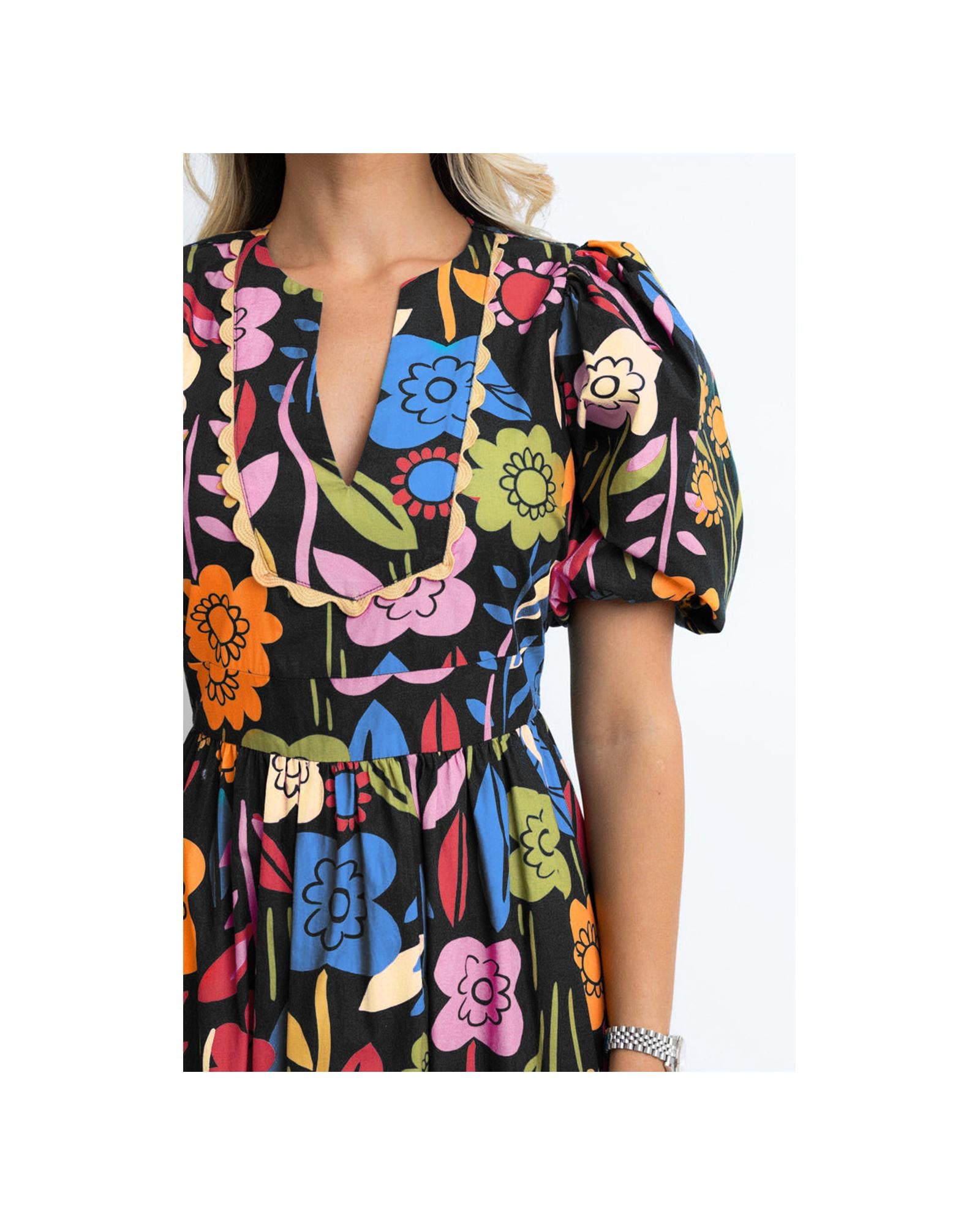 Black Retro Floral Printed Split Neck Maxi Dress - M 7