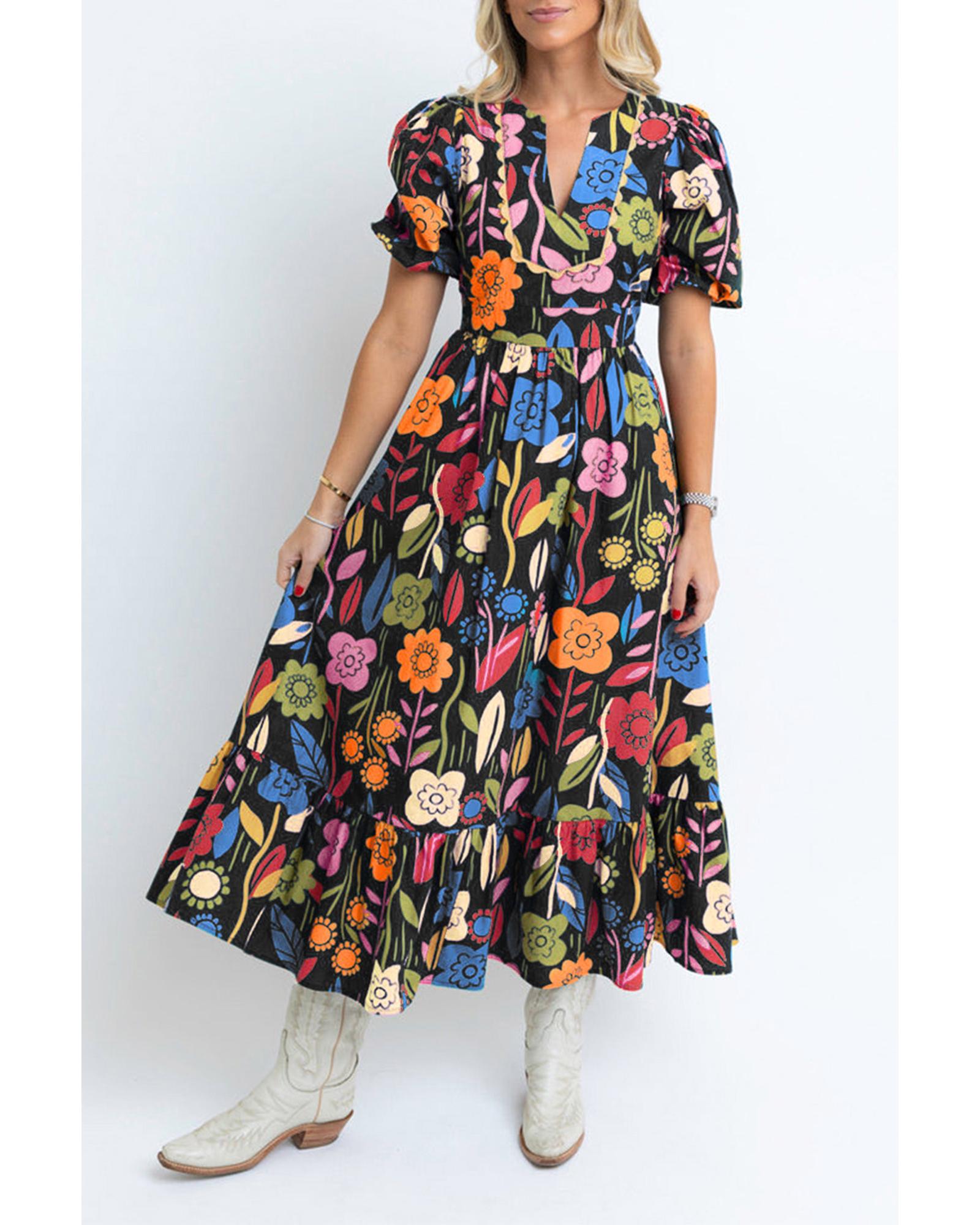 Black Retro Floral Printed Split Neck Maxi Dress - S 3