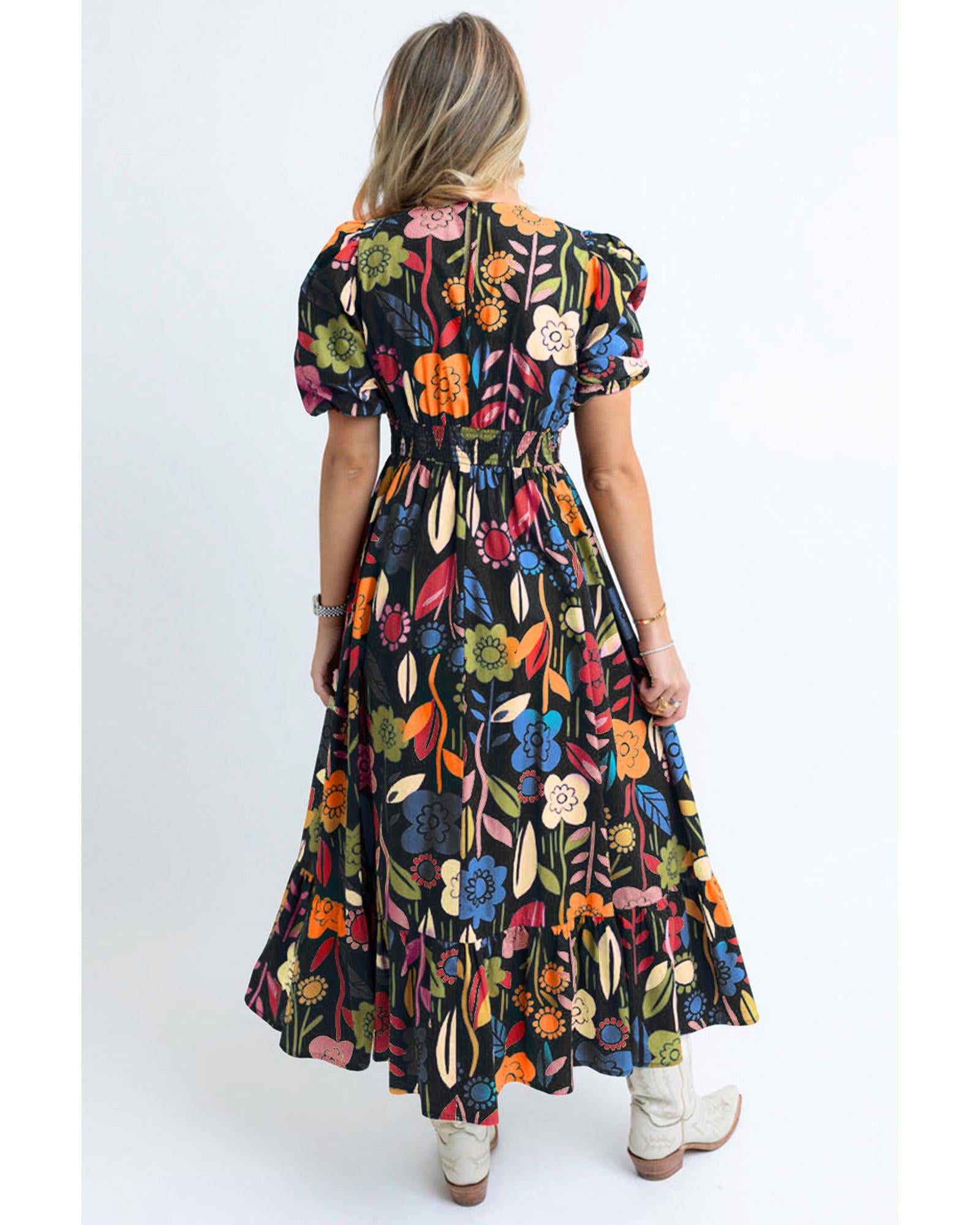 Black Retro Floral Printed Split Neck Maxi Dress - S 4